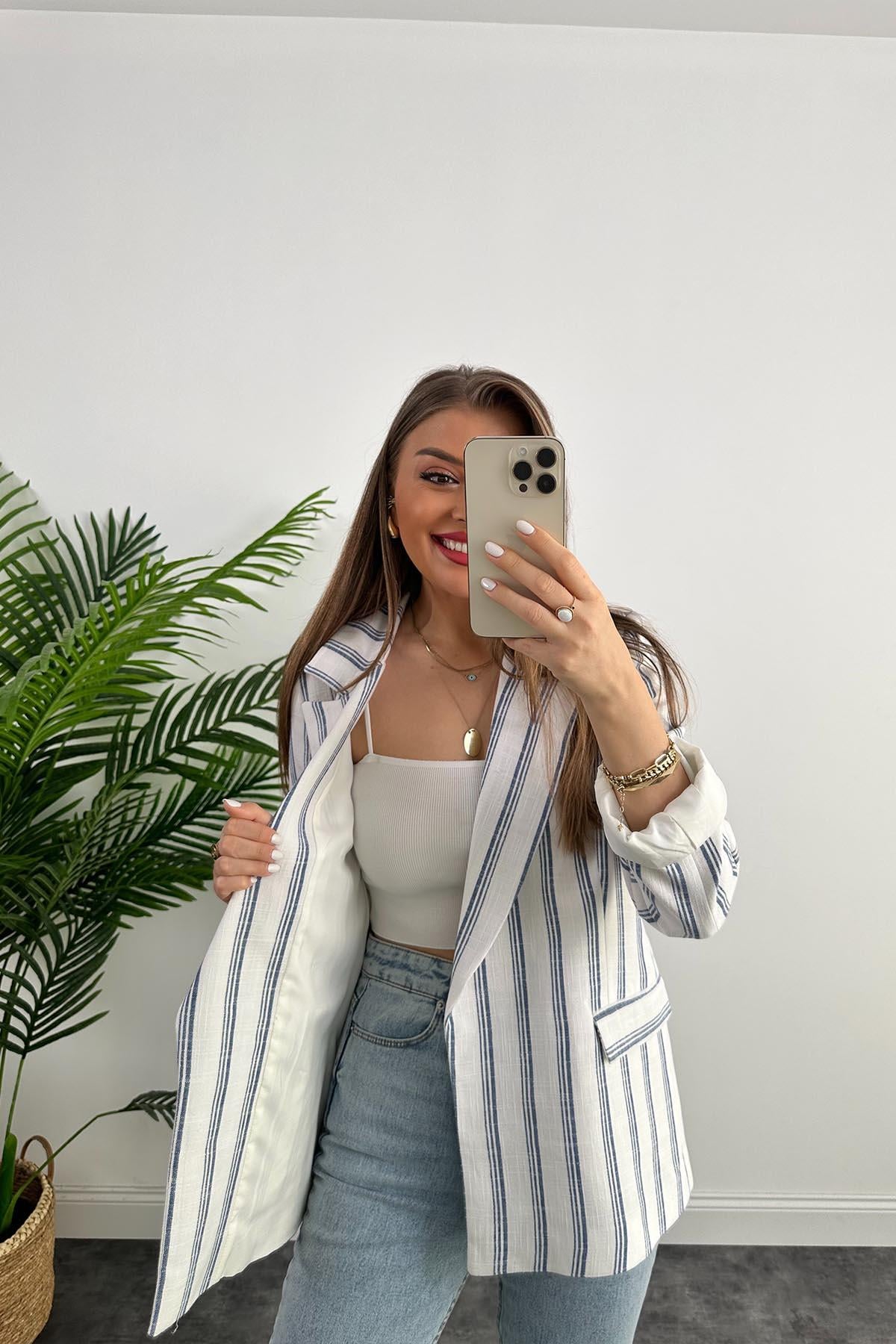 Premium Seri Lacivert Beyaz Çizgili Keten Blazer Ceket