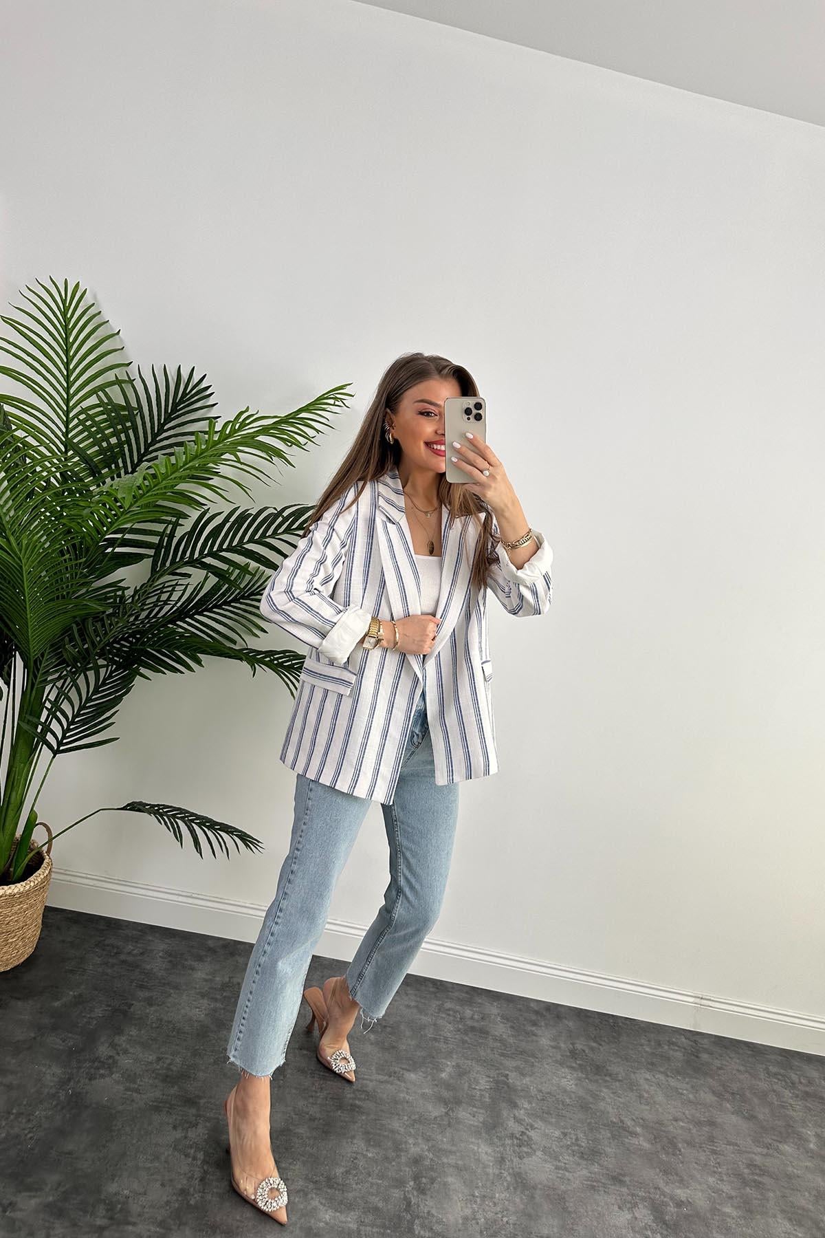 Premium Seri Lacivert Beyaz Çizgili Keten Blazer Ceket