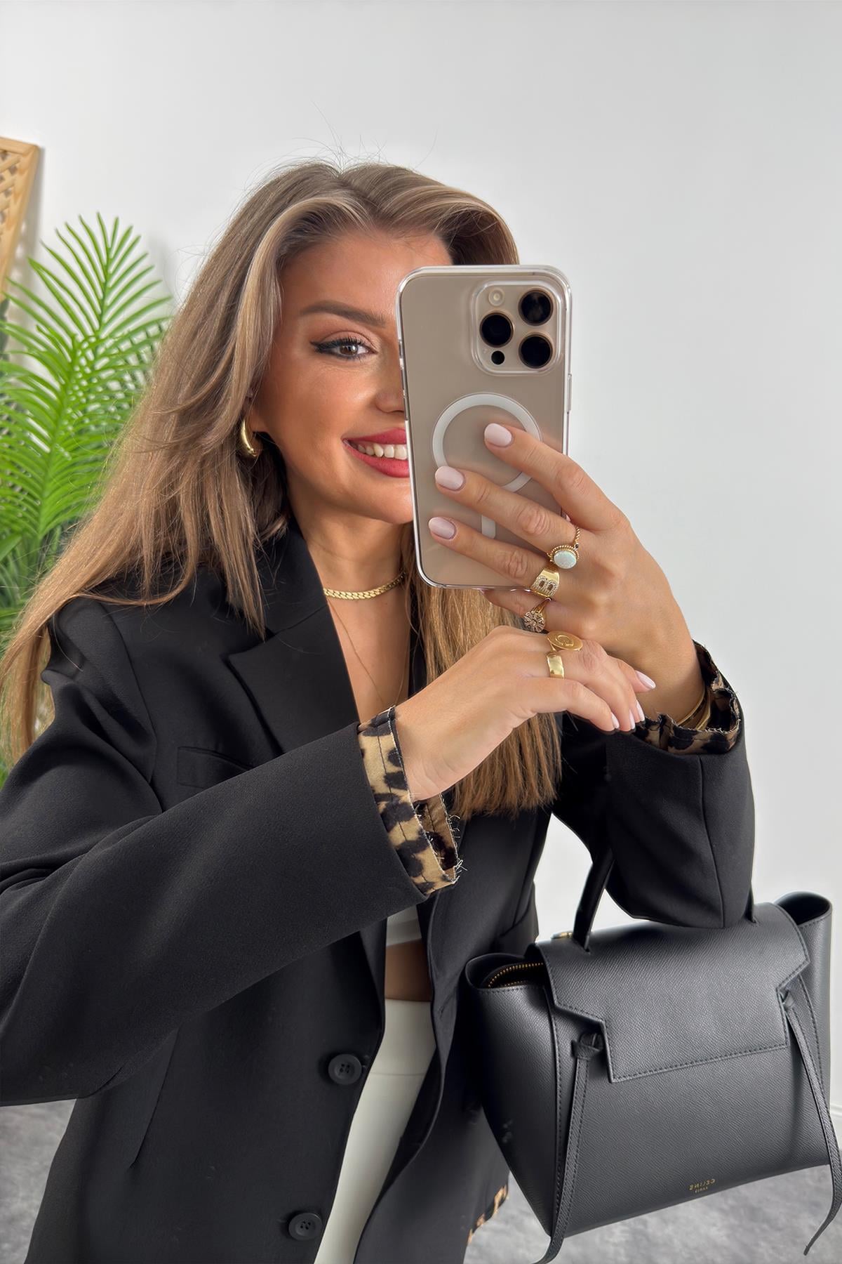 Premium Seri Leopar Detaylı Siyah Blazer Ceket