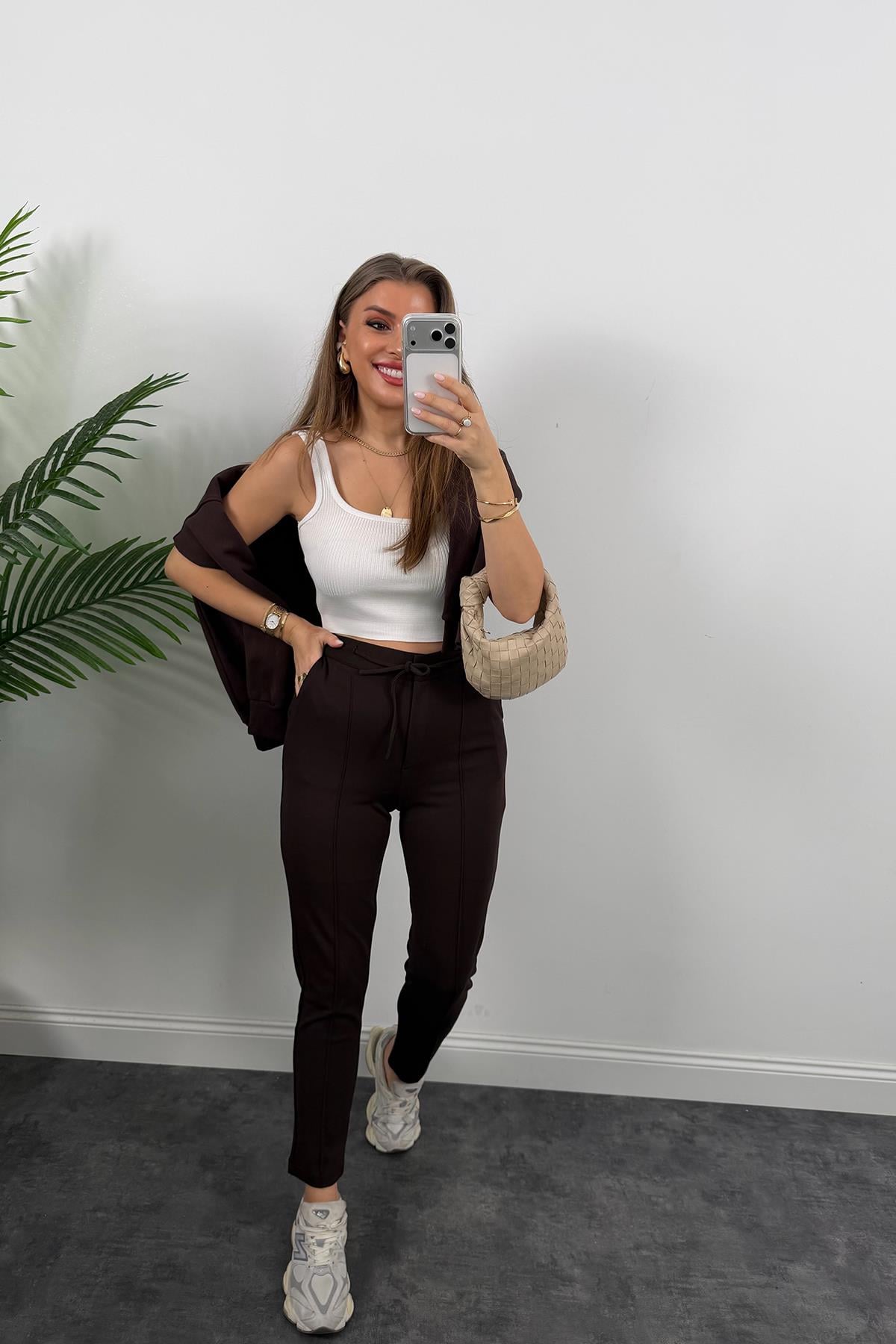 Premium Seri Likralı Çımalı Çelik Jogger Pantolon Acı Kahve