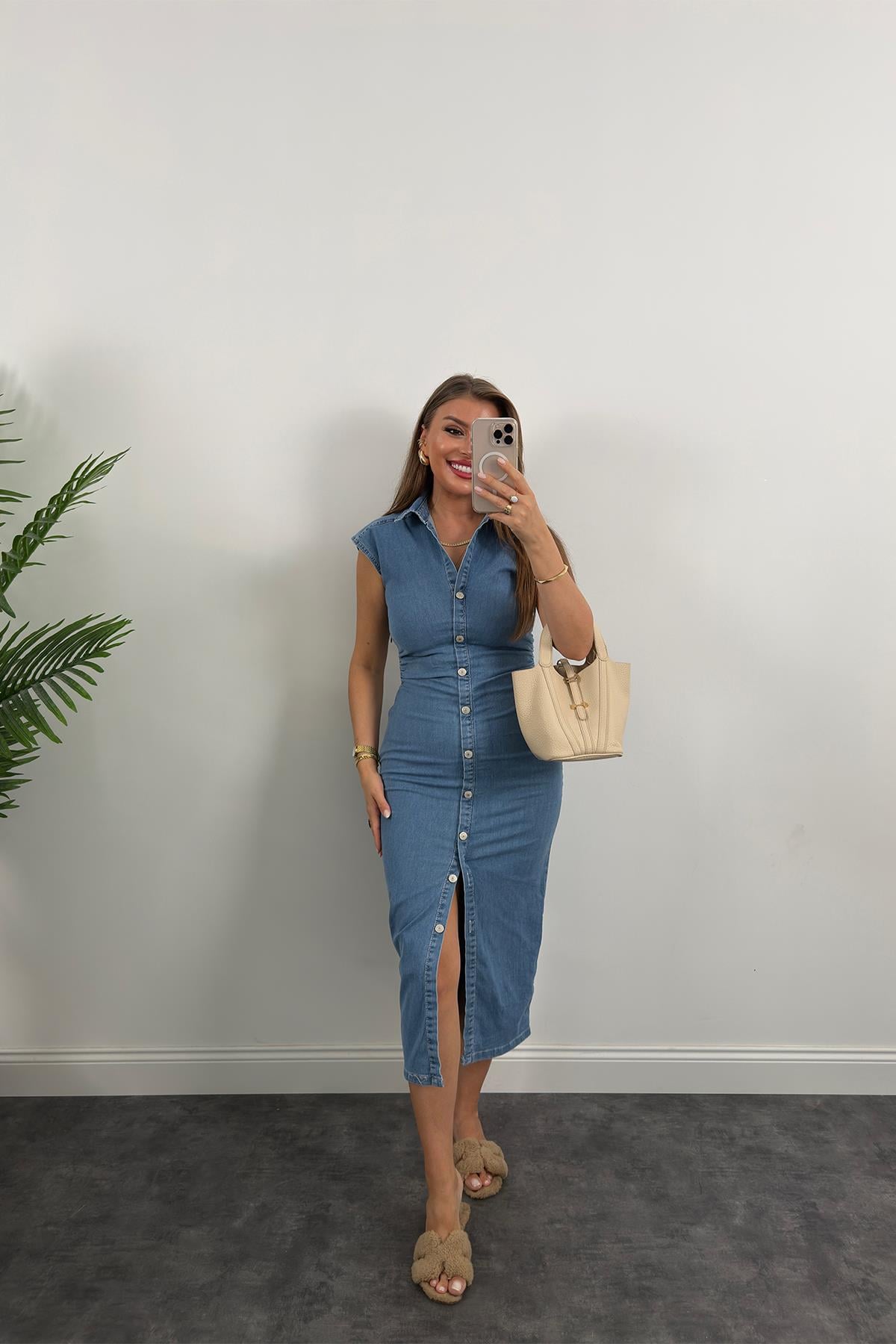 Premium Seri Likralı Drapeli Midi Boy Jean Elbise Açık Mavi