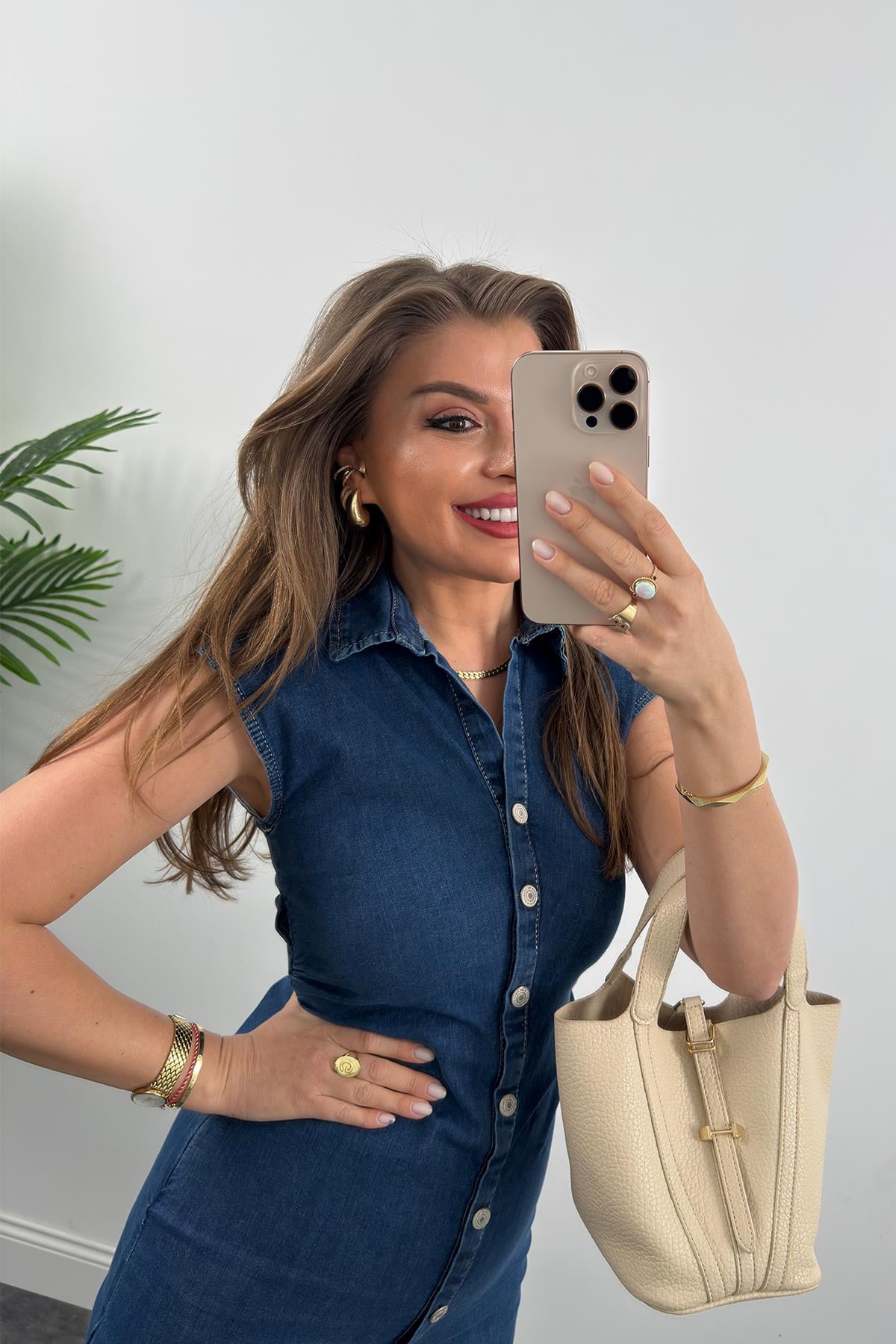Premium Seri Likralı Drapeli Midi Boy Jean Elbise