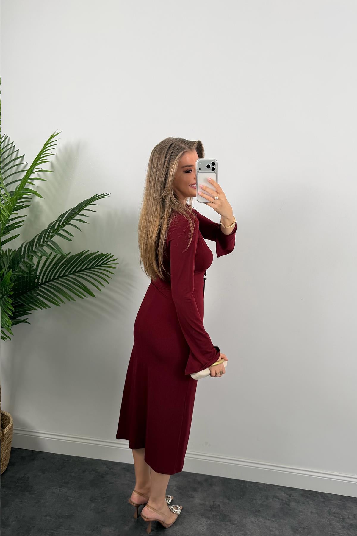 Premium Seri Likralı Kruvaze Midi Boy Elbise Bordo