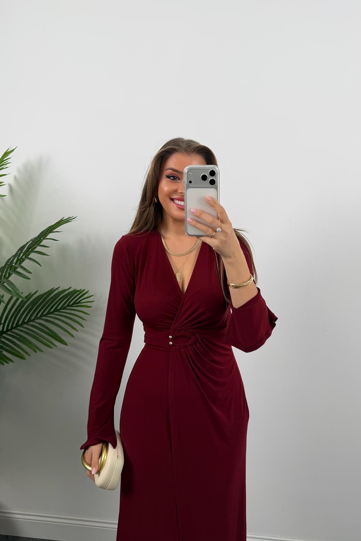 Premium Seri Likralı Kruvaze Midi Boy Elbise Bordo