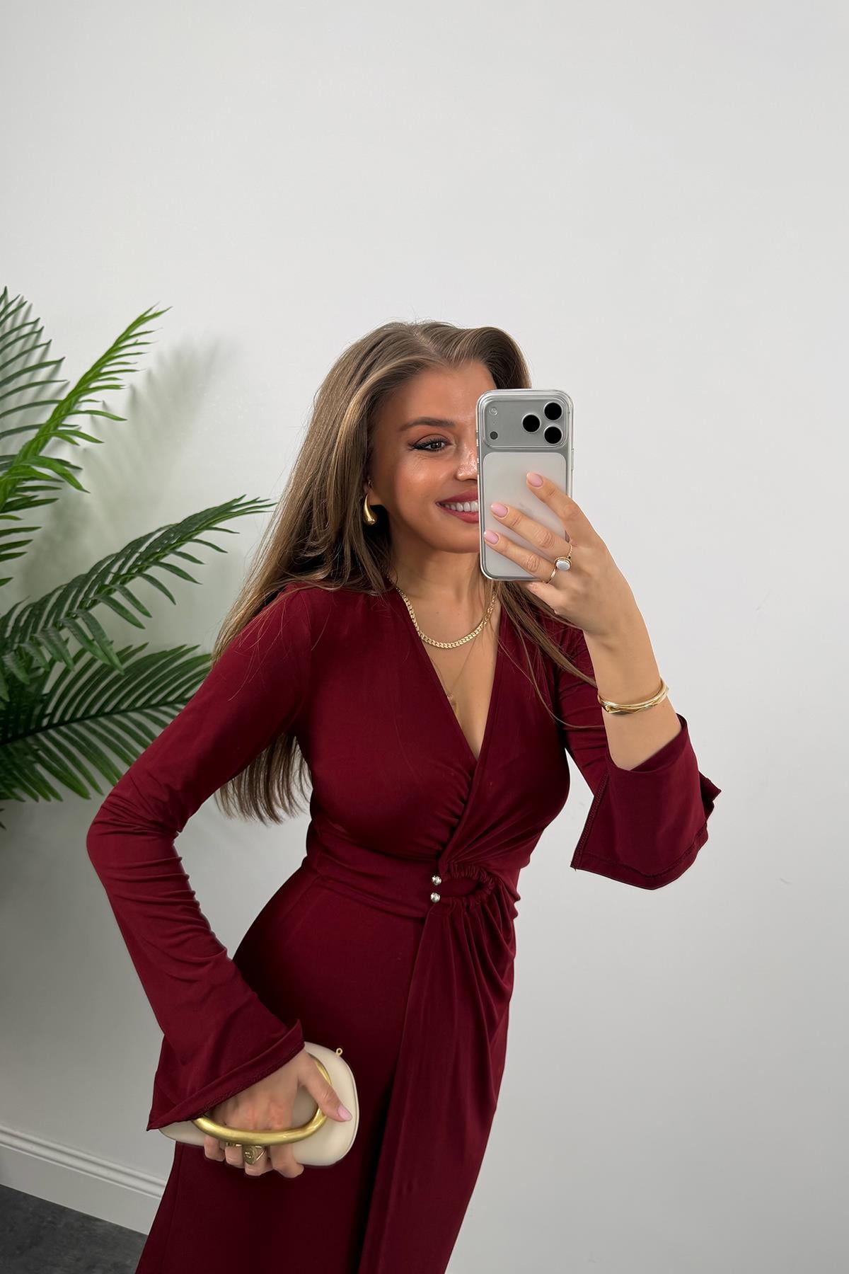 Premium Seri Likralı Kruvaze Midi Boy Elbise Bordo