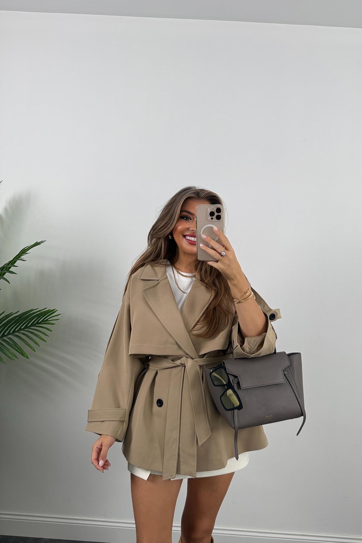 Premium Seri Lüx Poliviskon Trençkot Orta Boy Camel