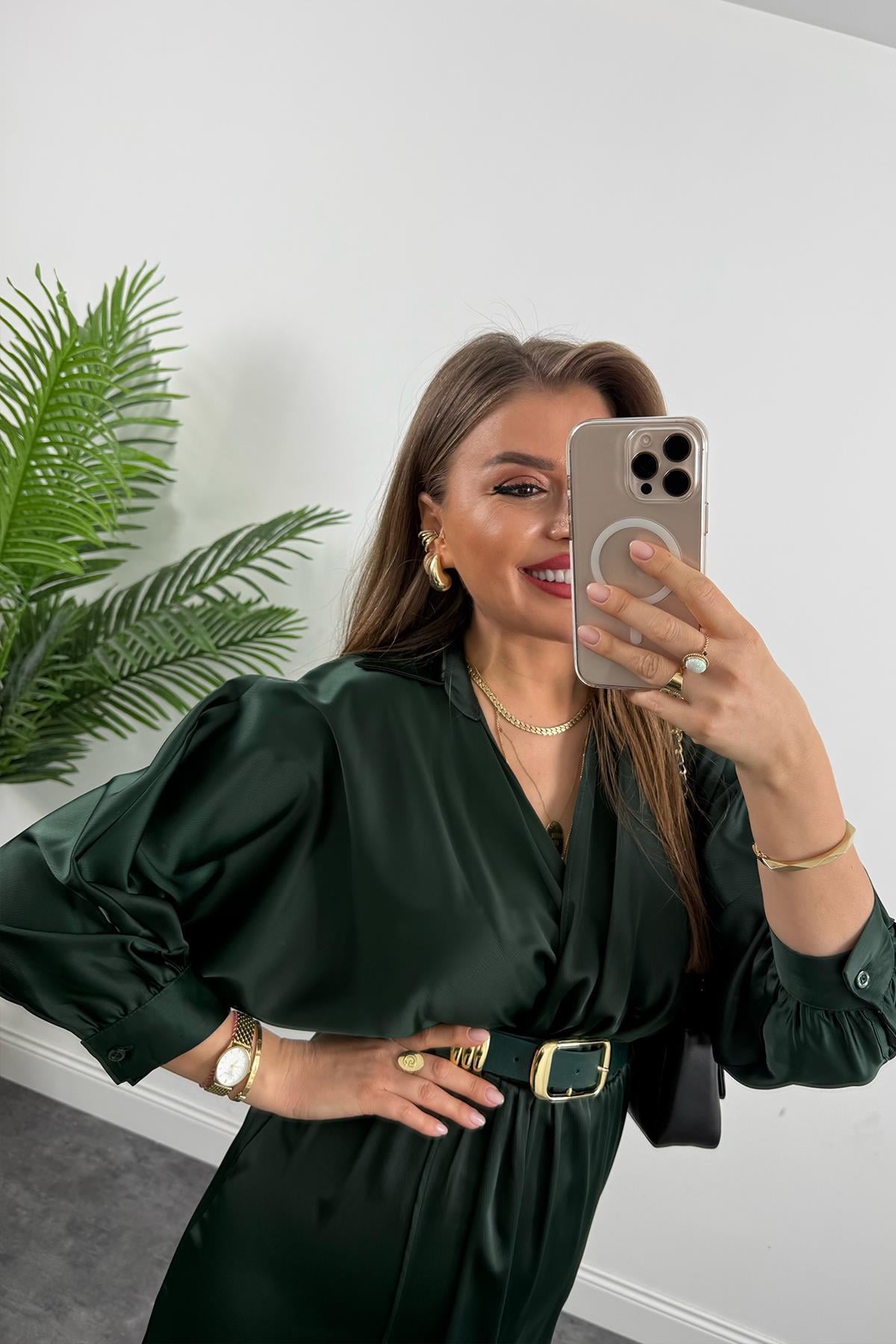 Premium Seri Midi Boy Kemerli Saten Anvelop Elbise Zümrüt