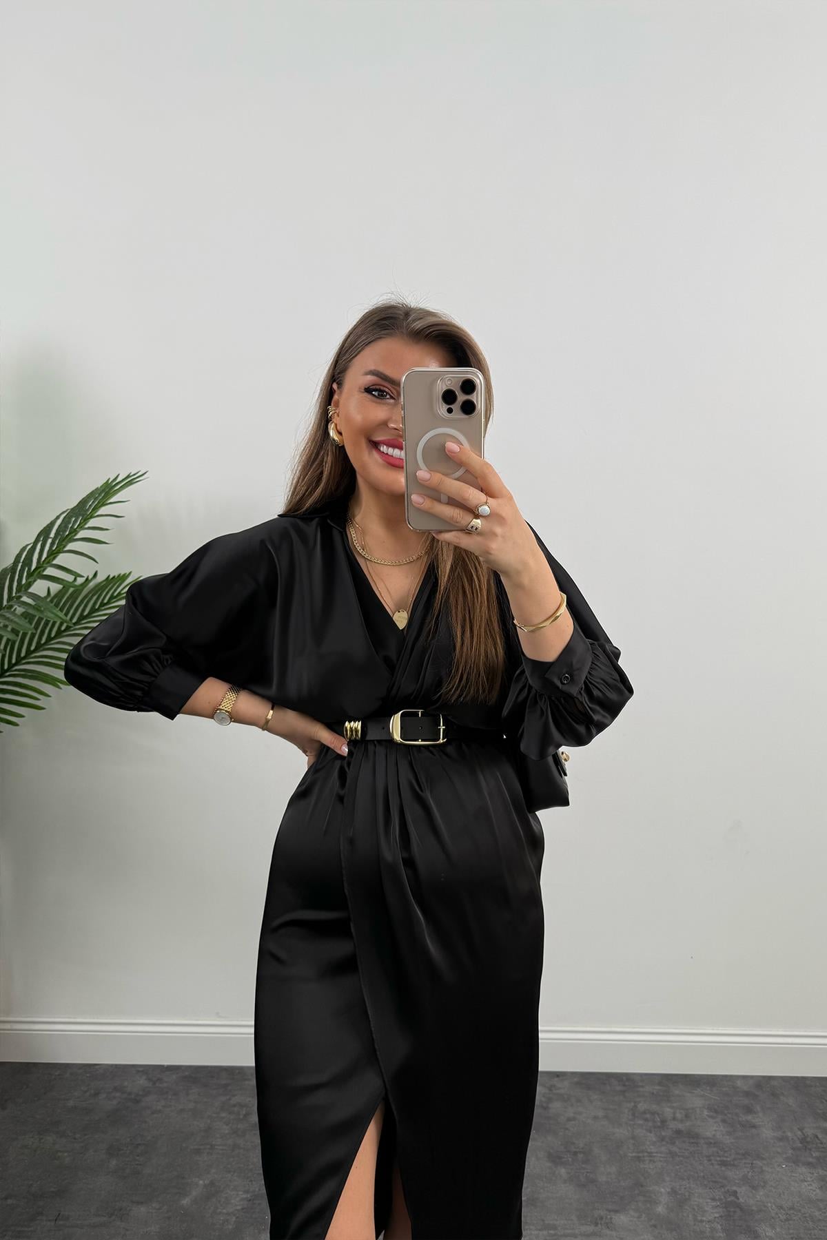 Premium Seri Midi Boy Kemerli Saten Anvelop Elbise Siyah