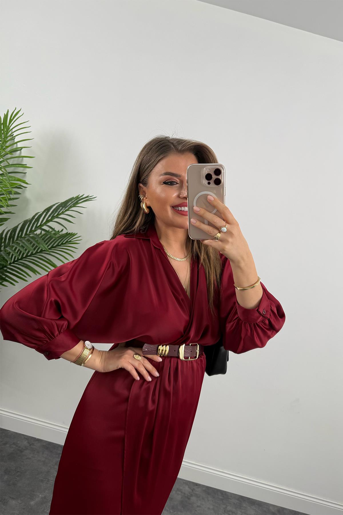 Premium Seri Midi Boy Kemerli Saten Anvelop Elbise Bordo