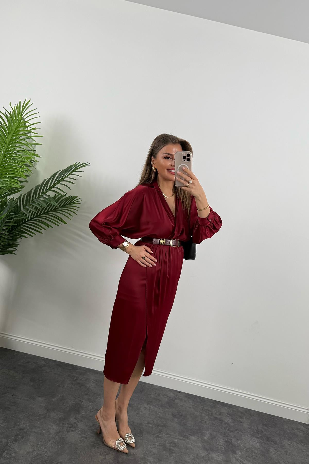 Premium Seri Midi Boy Kemerli Saten Anvelop Elbise Bordo