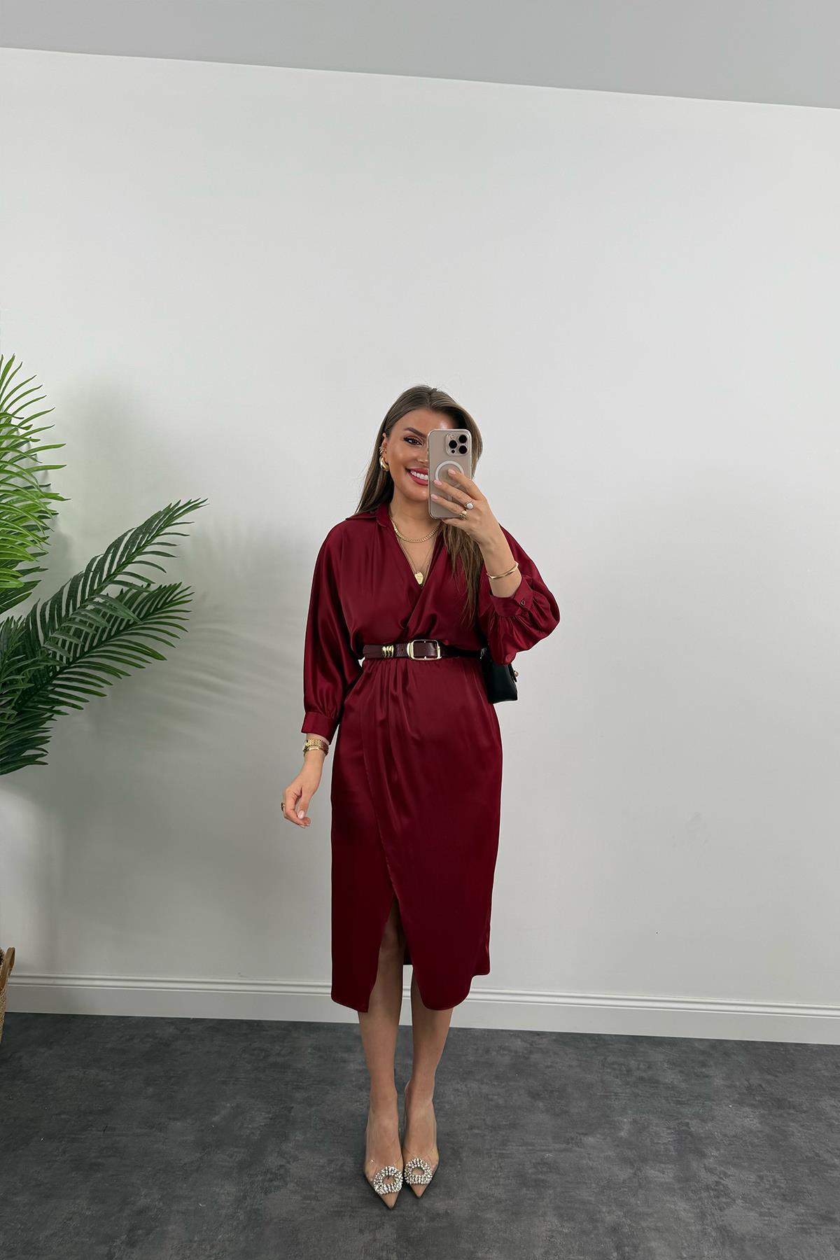 Premium Seri Midi Boy Kemerli Saten Anvelop Elbise Bordo