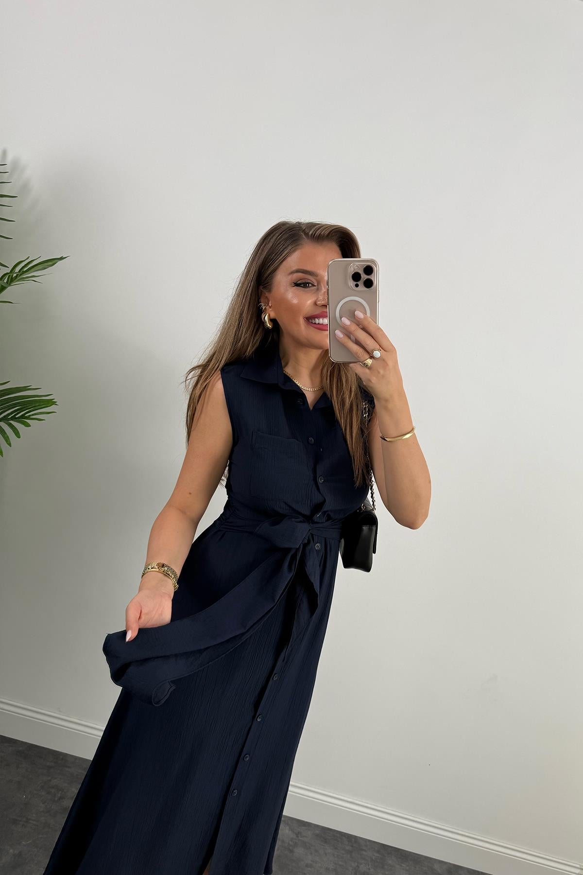 Premium Seri Mng Model Kuşaklı Midi Gömlek Elbise Lacivert