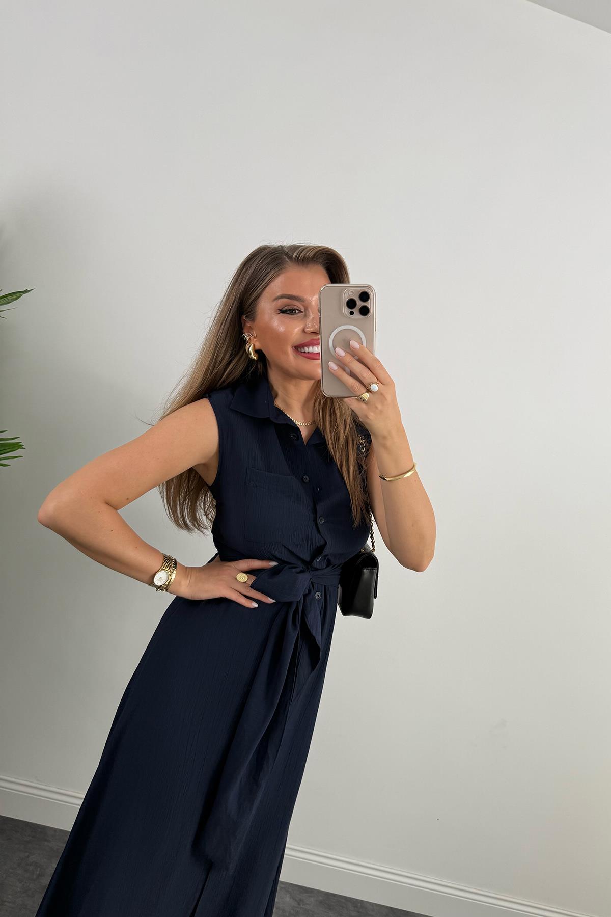 Premium Seri Mng Model Kuşaklı Midi Gömlek Elbise Lacivert