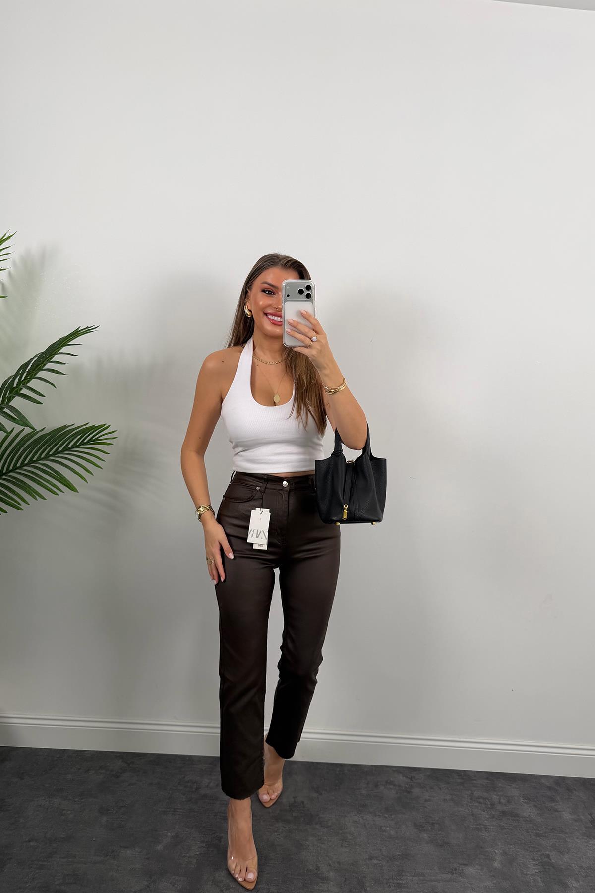 Premium Seri Mumlu Likralı Pamuklu BF Jean Acı Kahve