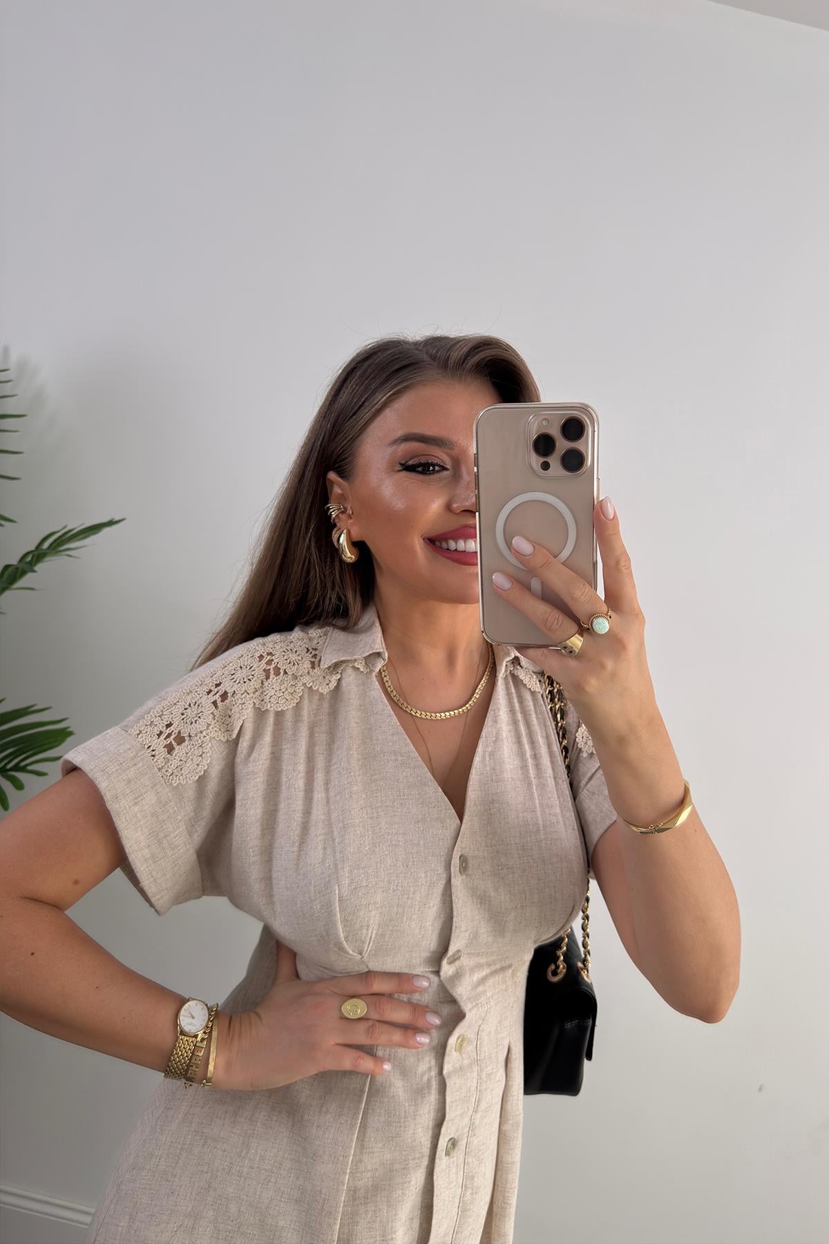 Premium Seri Omuzları Dantelli Ham Keten Midi Boy Elbise