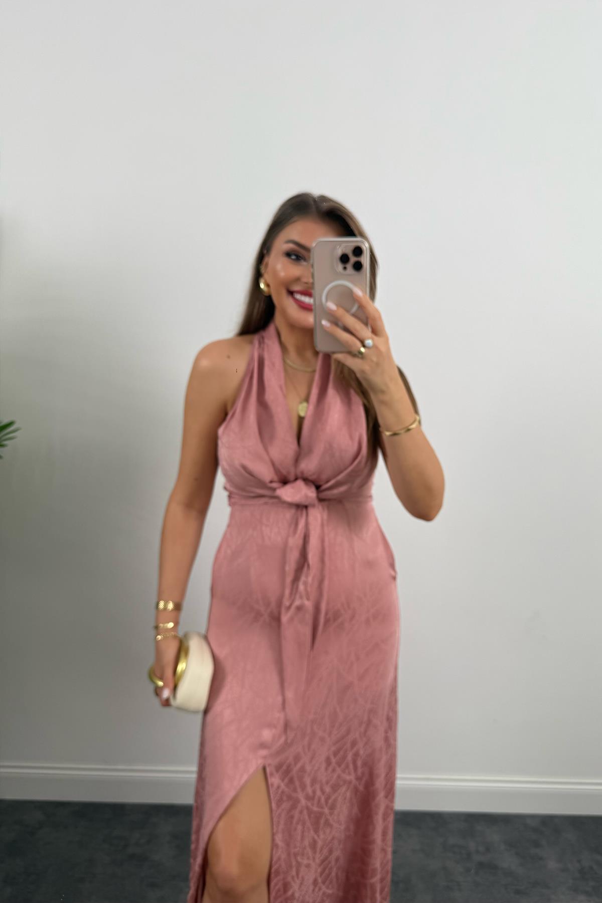 Premium Seri Önü Bağlamalı Maxi Tasarım Elbise Gül Kurusu
