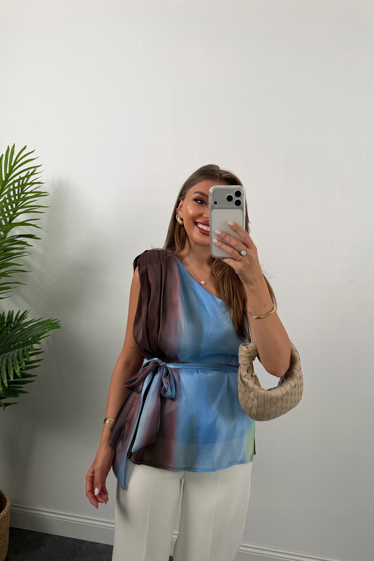 Premium Seri Organze Kumaş Tek Omuz Tasarım Bluz Mavi Desenli