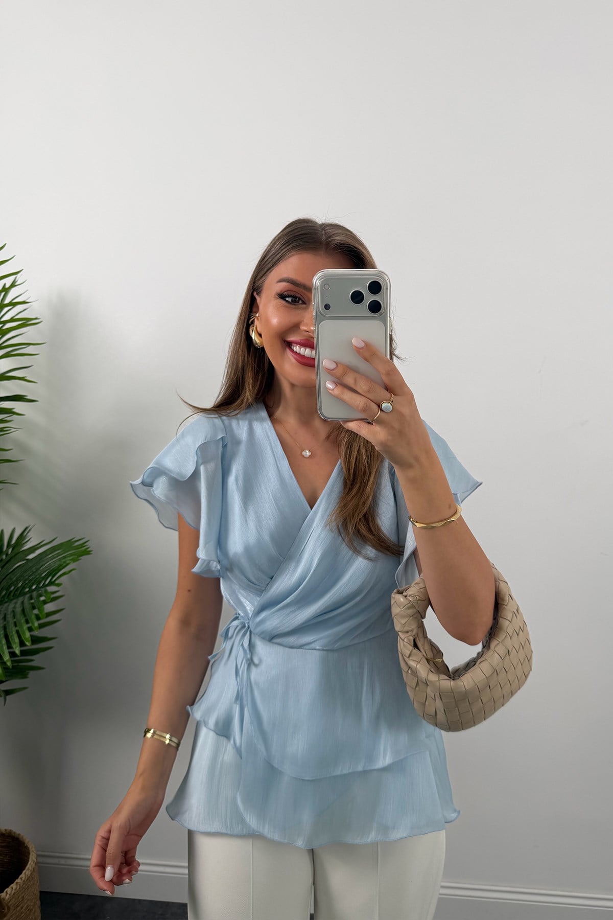 Premium Seri Organze Kumaş Valonlu Bluz Pastel Mavi