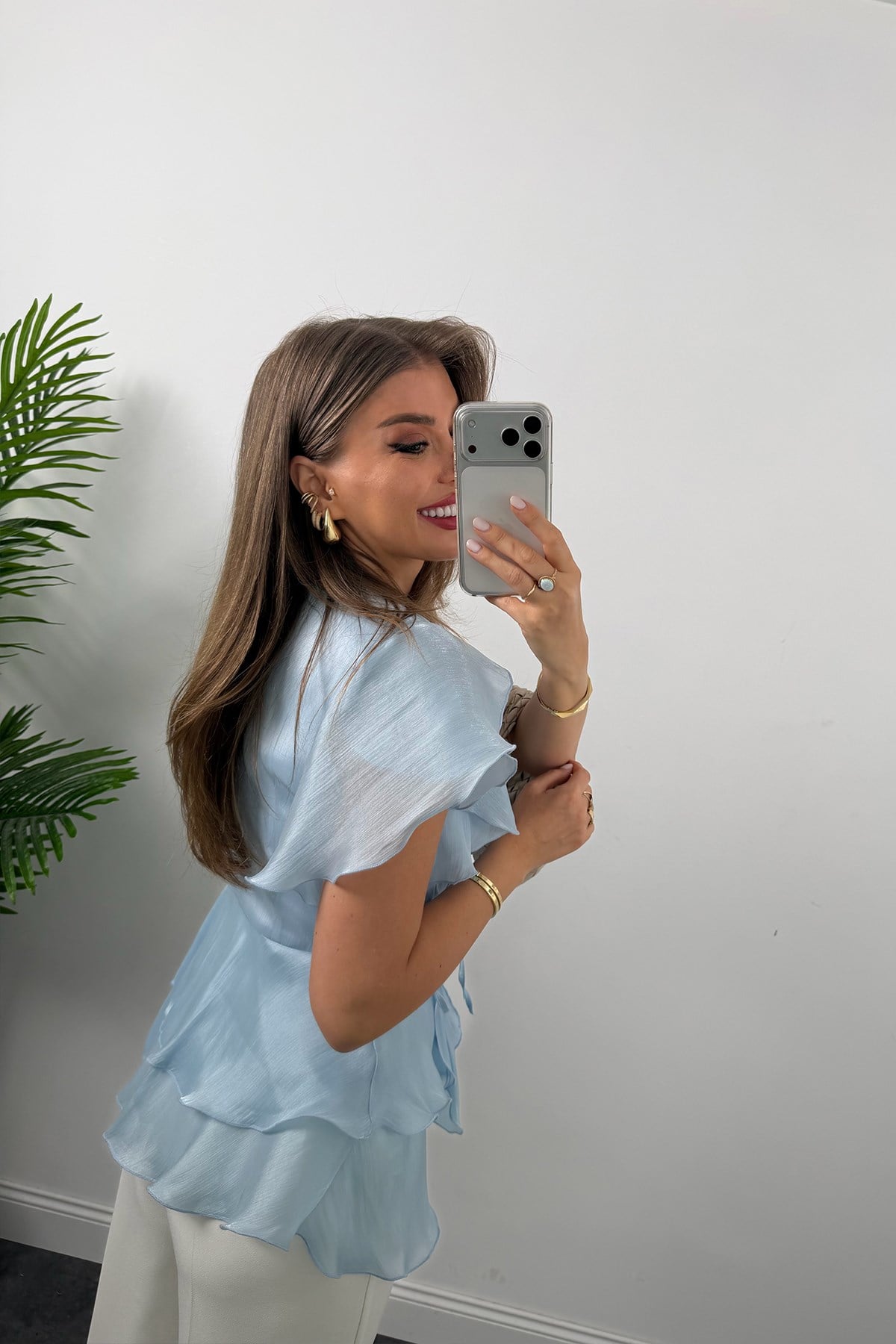 Premium Seri Organze Kumaş Valonlu Bluz Pastel Mavi