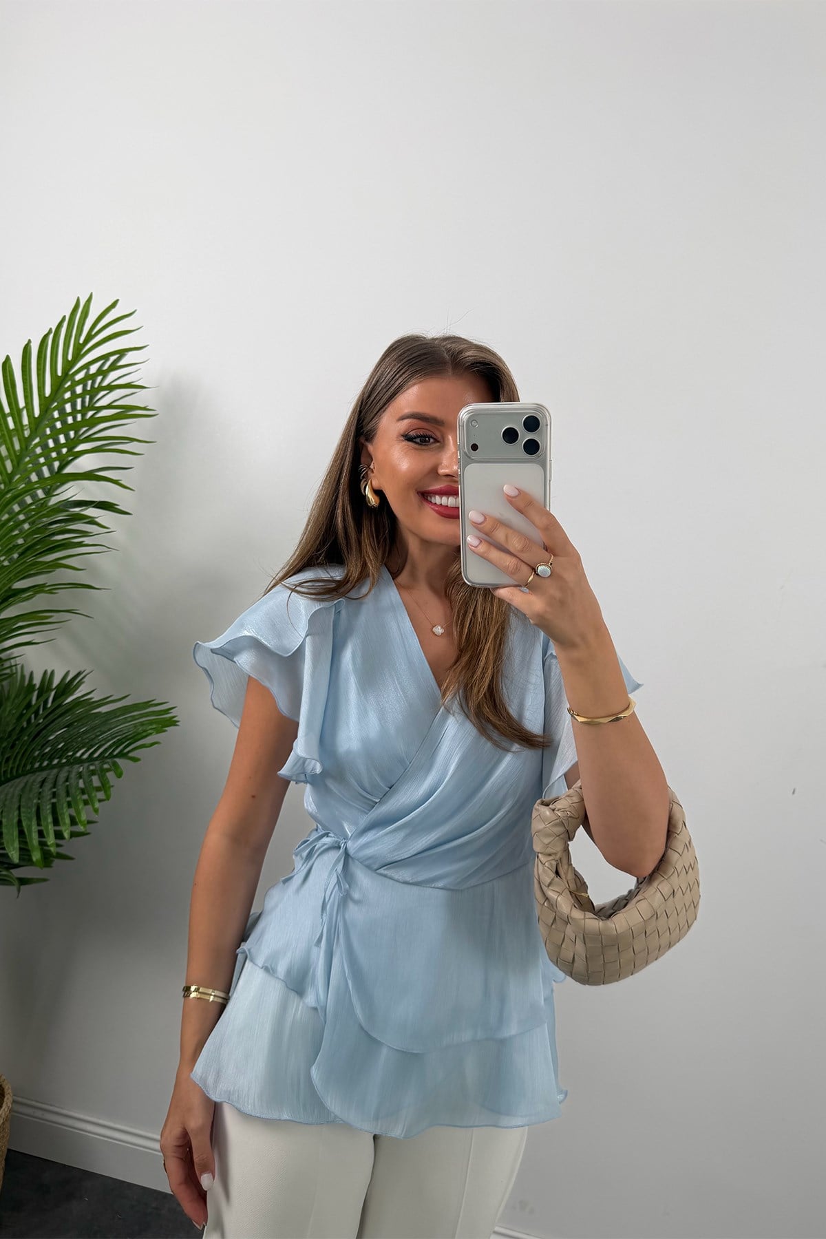 Premium Seri Organze Kumaş Valonlu Bluz Pastel Mavi