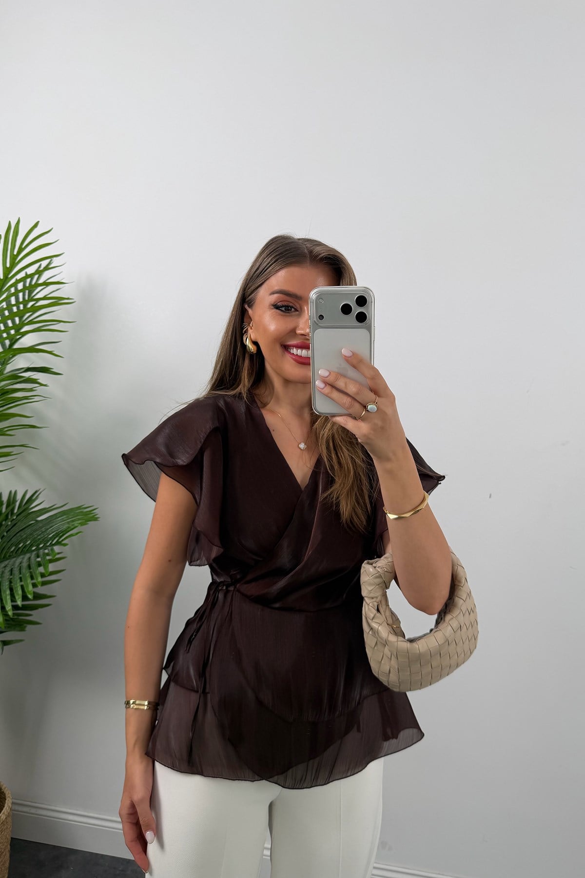 Premium Seri Organze Kumaş Valonlu Bluz Kahverengi