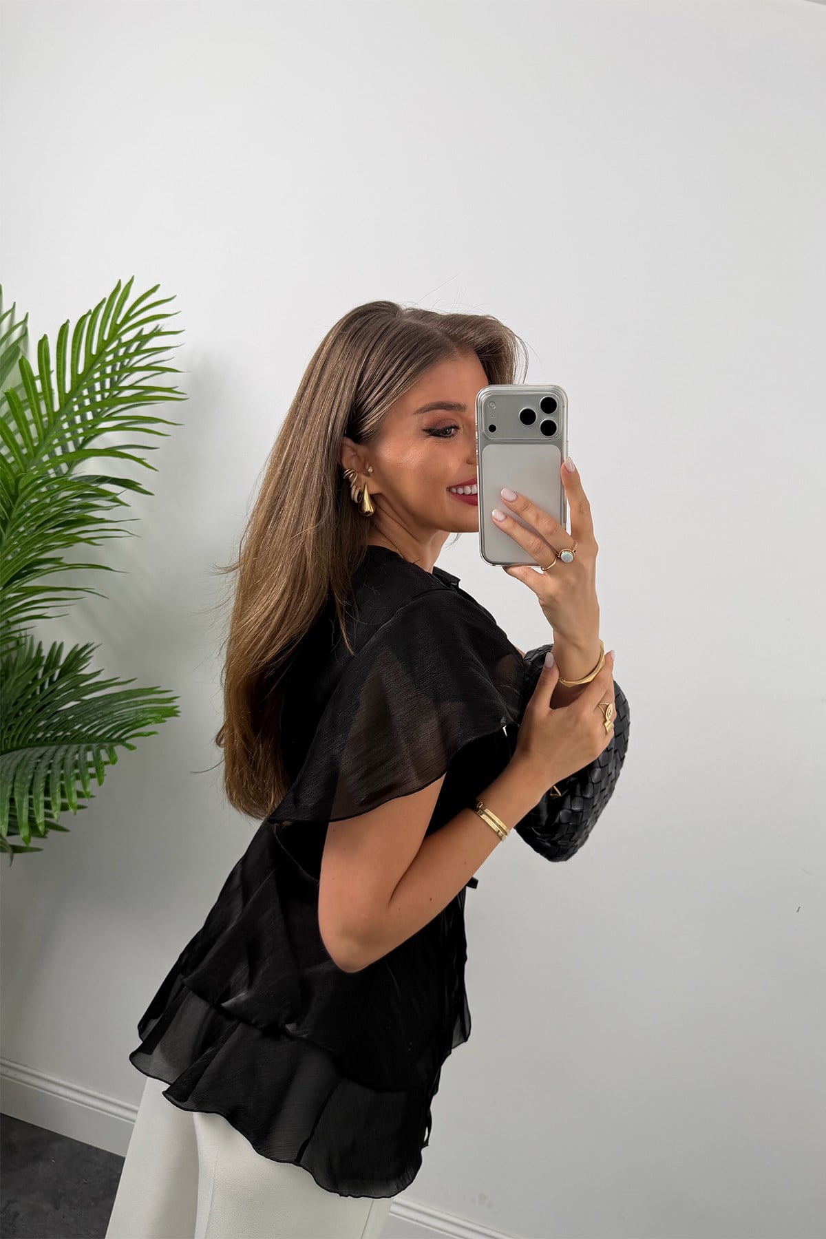 Premium Seri Organze Kumaş Valonlu Bluz Siyah