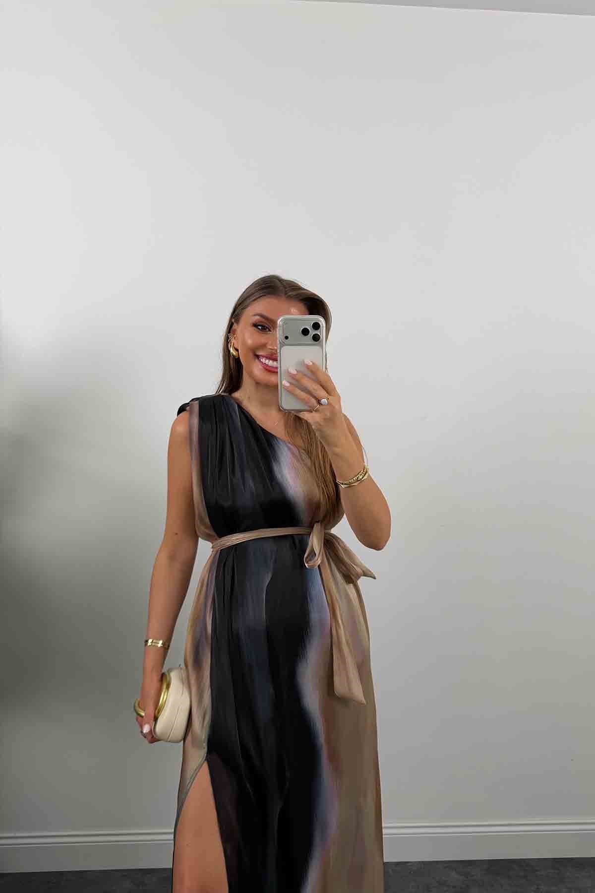 Premium Seri Organze Tül Tek Omuz Tasarım Maxi Elbise Siyah Desenli