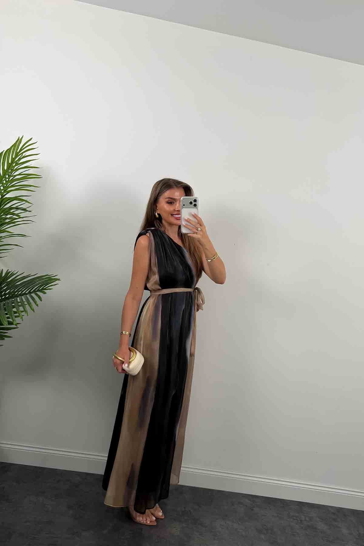Premium Seri Organze Tül Tek Omuz Tasarım Maxi Elbise Siyah Desenli