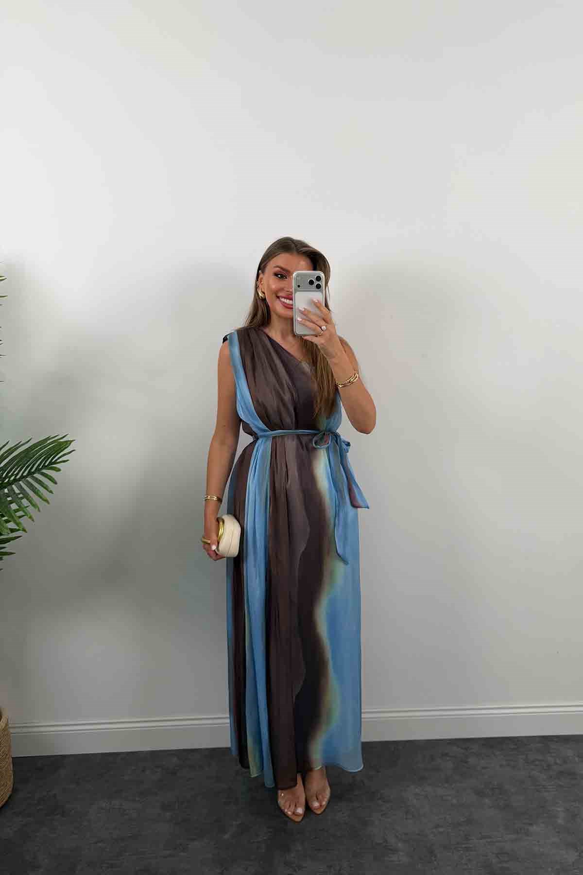 Premium Seri Organze Tül Tek Omuz Tasarım Maxi Elbise Mavi Desenli
