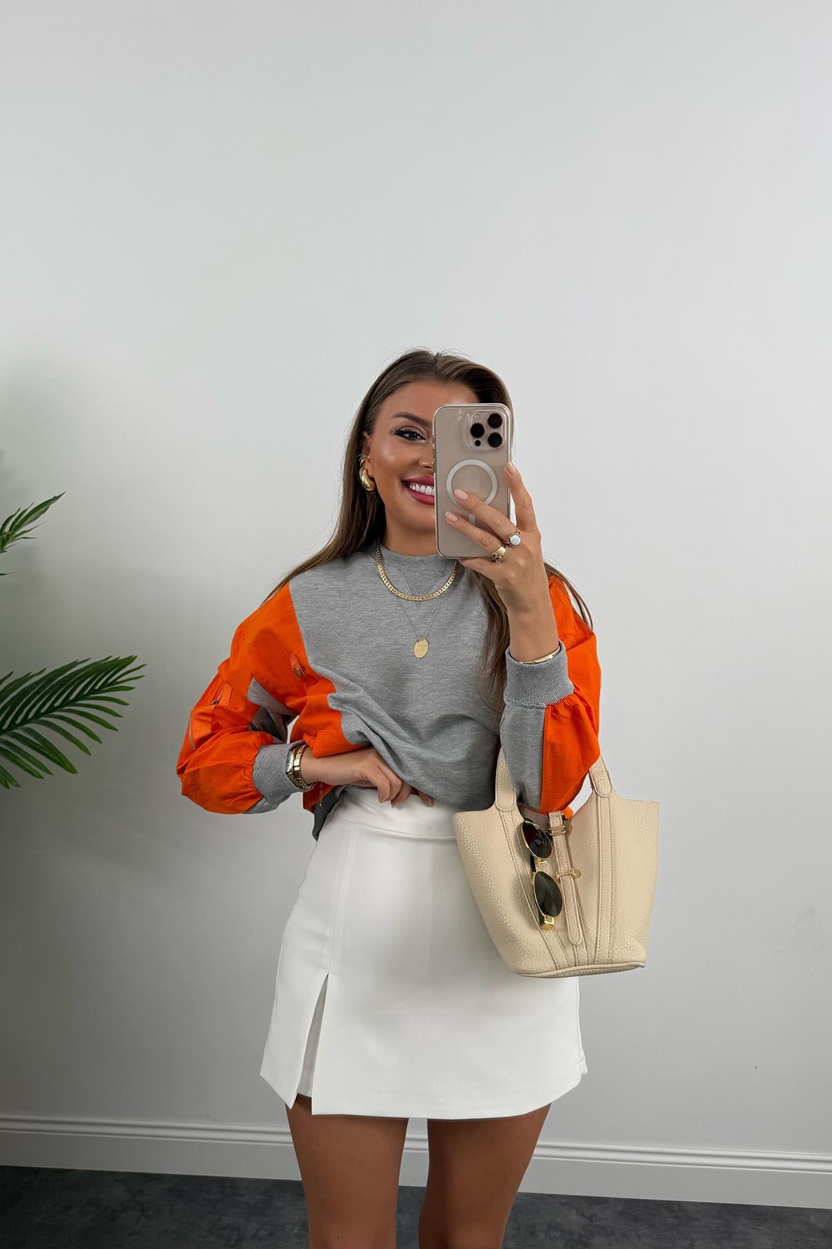 Premium Seri Paraşüt Garnili Tasarım Sweat Neon Turuncu