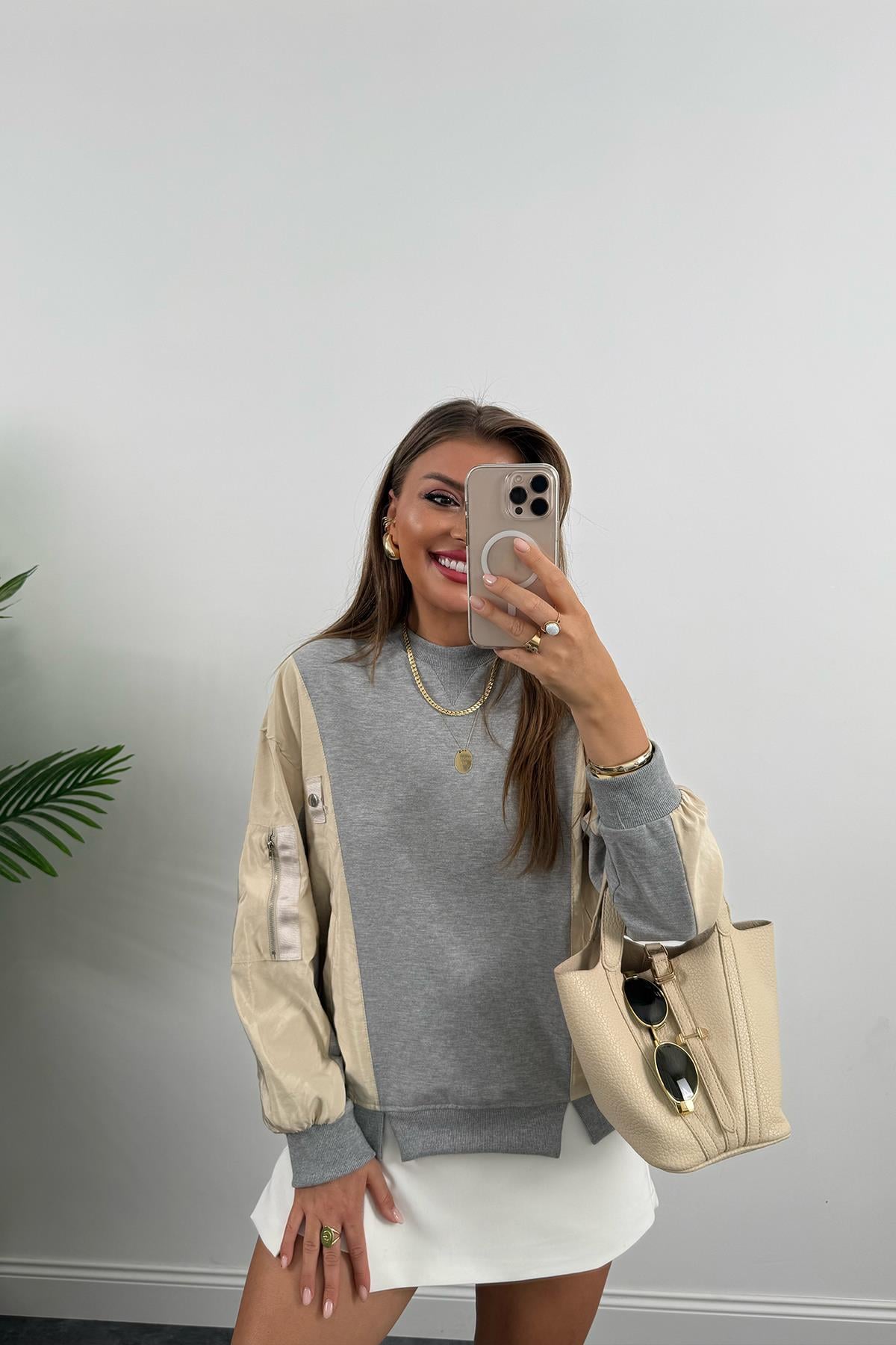 Premium Seri Paraşüt Garnili Tasarım Sweat Taş