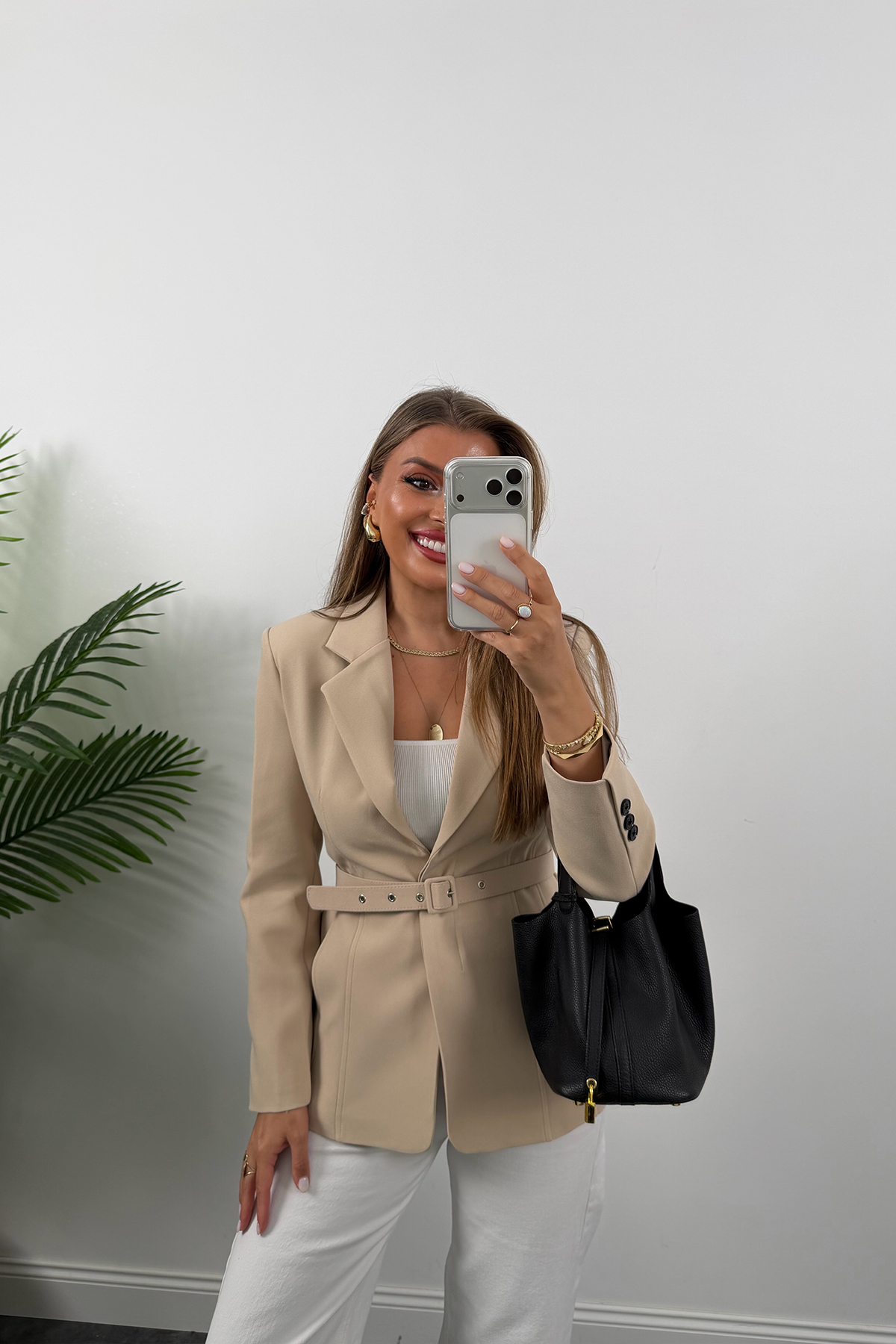 Premium Seri Pensli Kemerli Oturtma Blazer Ceket Taş