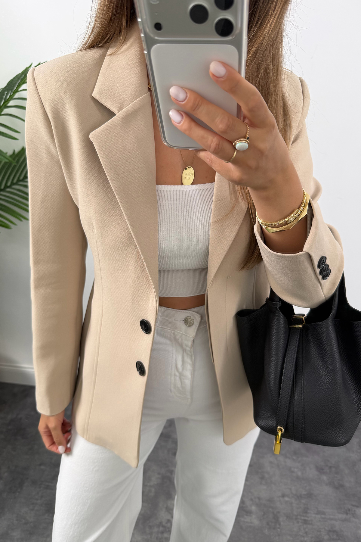 Premium Seri Pensli Kemerli Oturtma Blazer Ceket Taş
