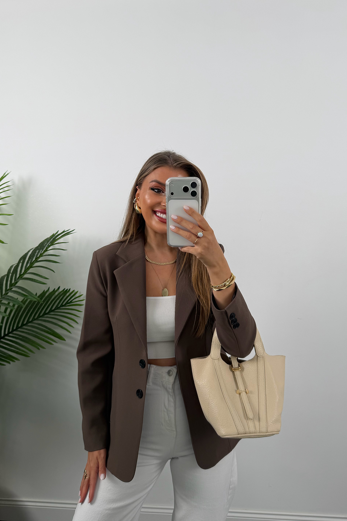 Premium Seri Pensli Kemerli Oturtma Blazer Ceket Koyu Kahve