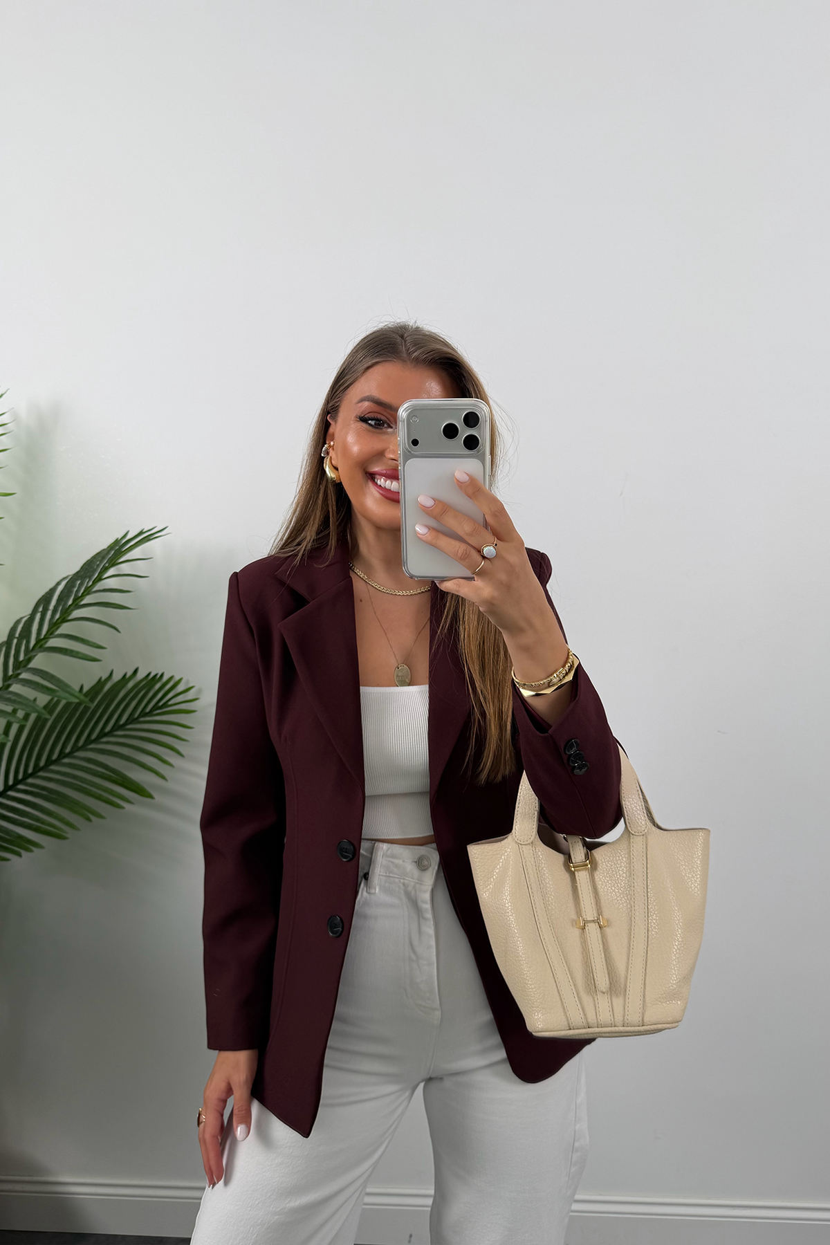 Premium Seri Pensli Kemerli Oturtma Blazer Ceket Mürdüm