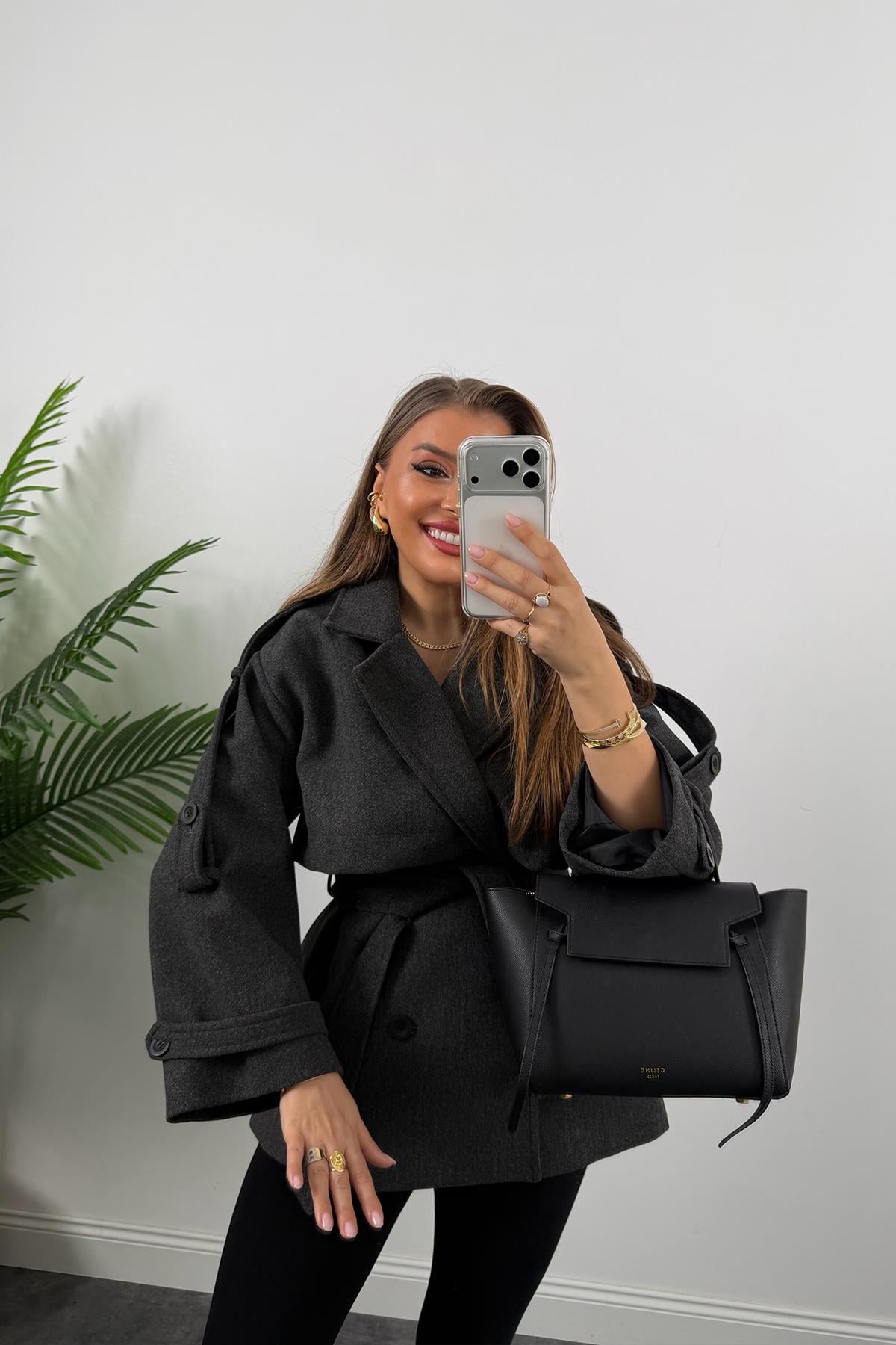 Premium Seri Pinterest Apoletli Kalın Kaşe Kaban Antrasit