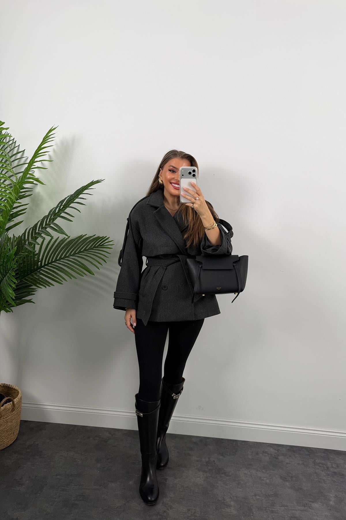 Premium Seri Pinterest Apoletli Kalın Kaşe Kaban Antrasit