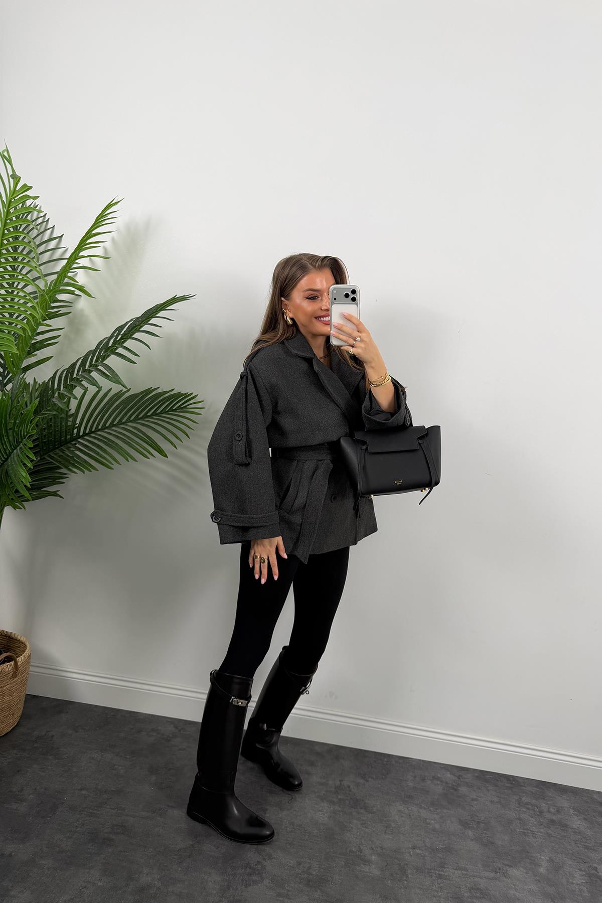 Premium Seri Pinterest Apoletli Kalın Kaşe Kaban Antrasit