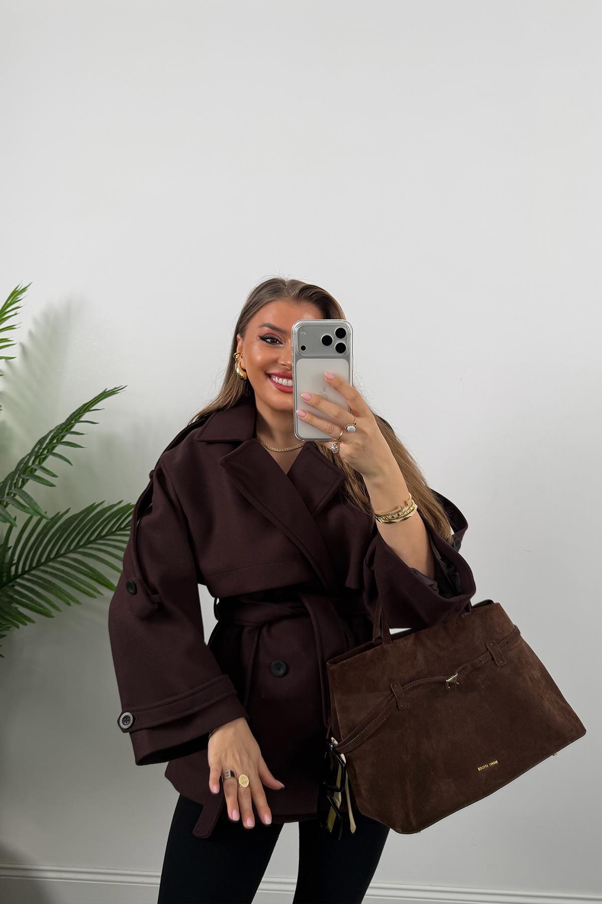 Premium Seri Pinterest Apoletli Kalın Kaşe Kaban Acı Kahve