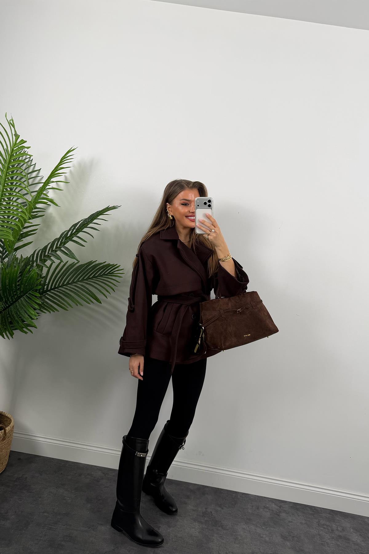 Premium Seri Pinterest Apoletli Kalın Kaşe Kaban Acı Kahve