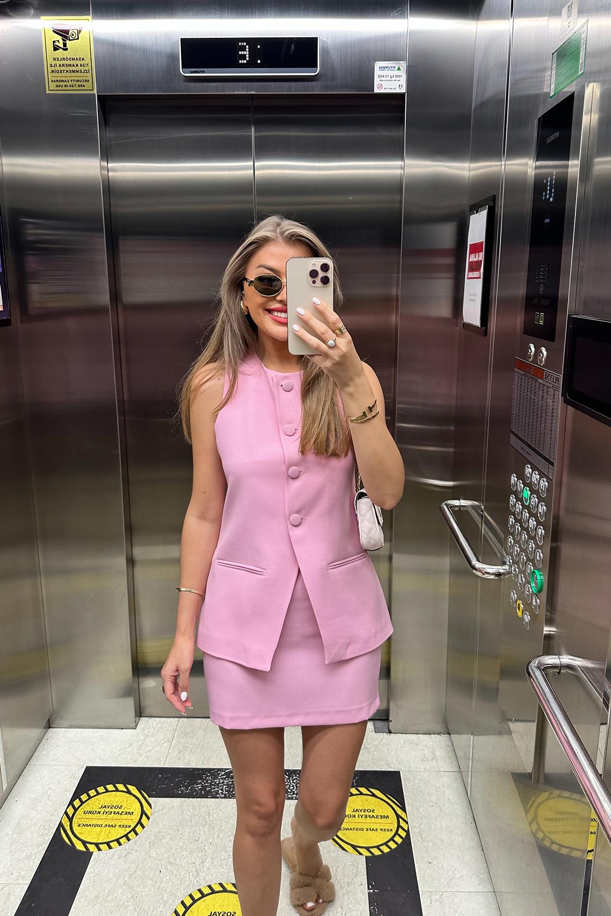 Premium Seri Pinterest Model Etek Yelek Takım Pembe