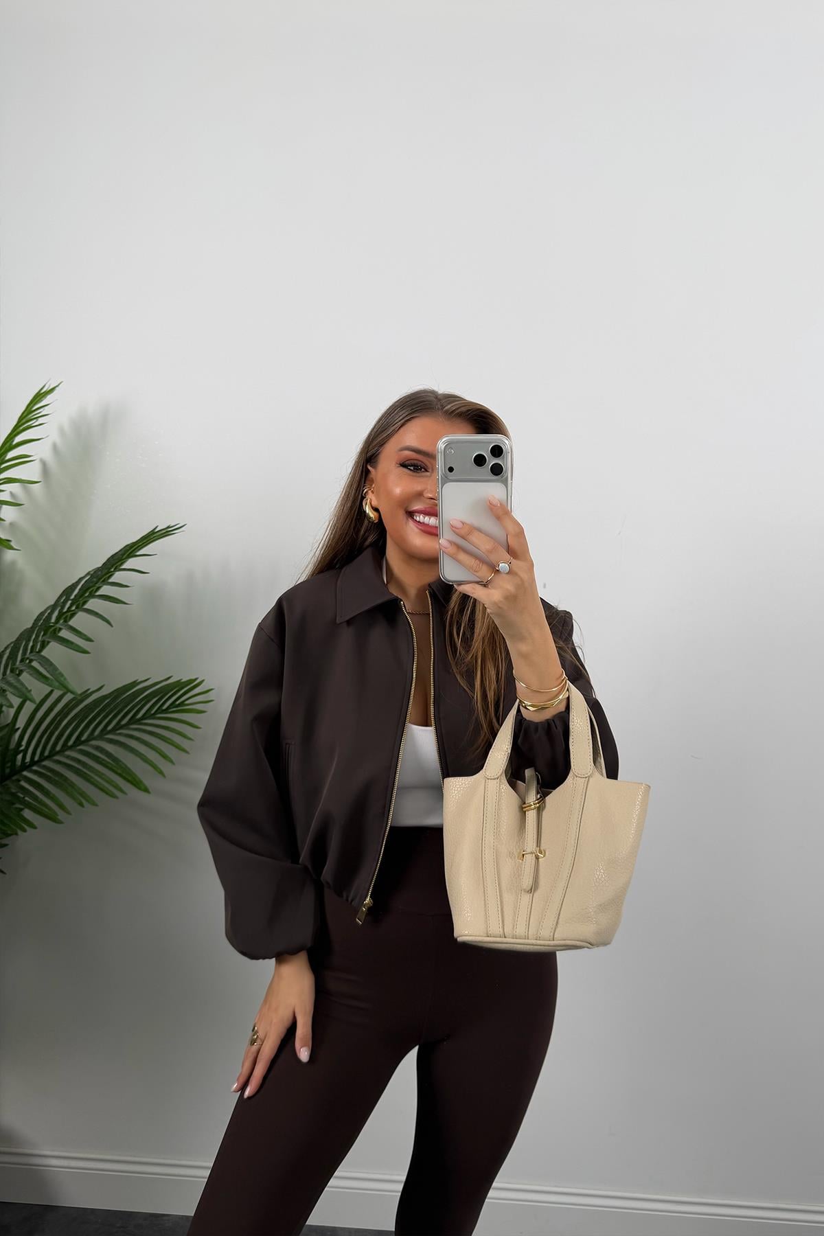 Premium Seri Poliviskon Bomber Ceket Acı Kahve