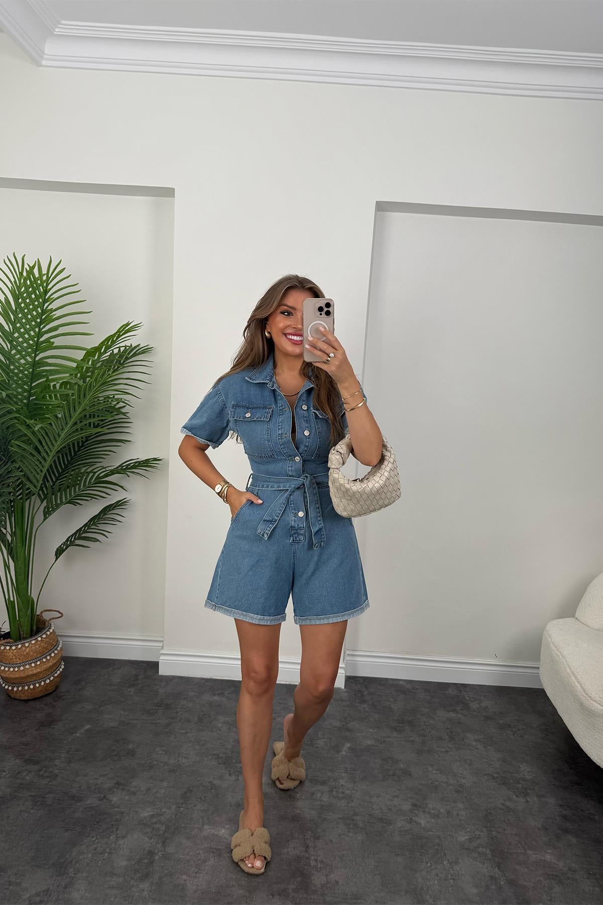 Premium Seri Şehir boy Jean Şort Tulum Orta Mavi