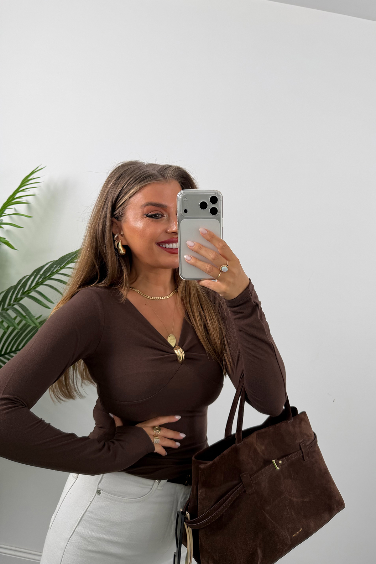 Premium Seri Tam Pamuklu Gold Detaylı Basic Bluz Acı Kahve