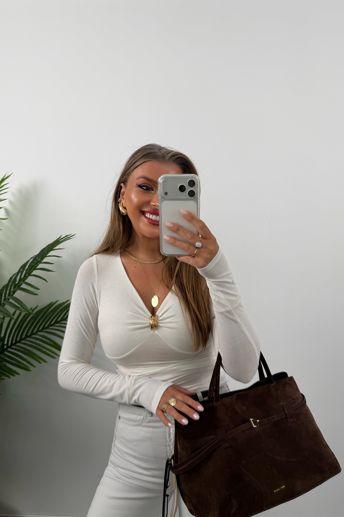 Premium Seri Tam Pamuklu Gold Detaylı Basic Bluz Ekru