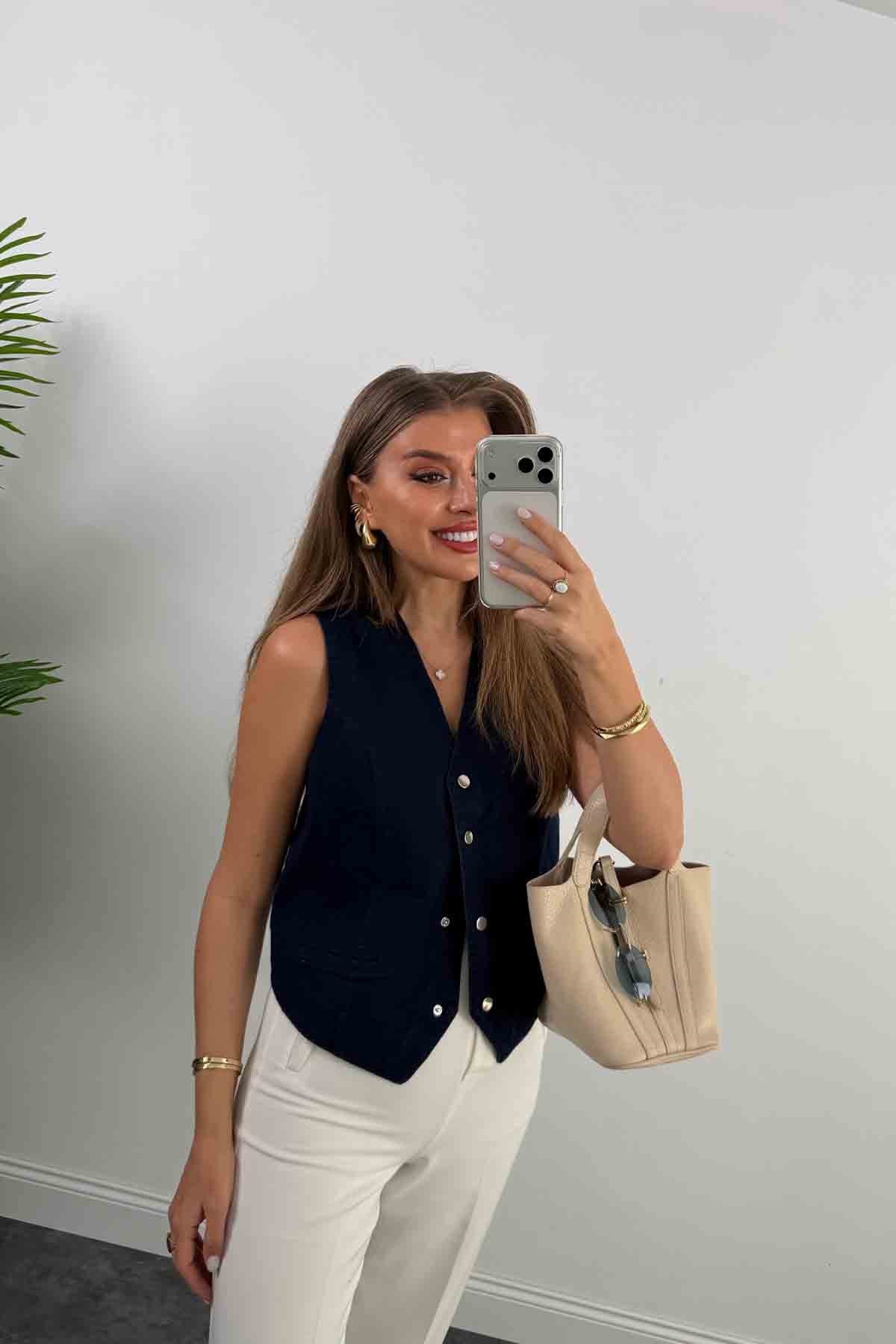 Premium Seri Tam Pamuklu Jean Yelek Lacivert