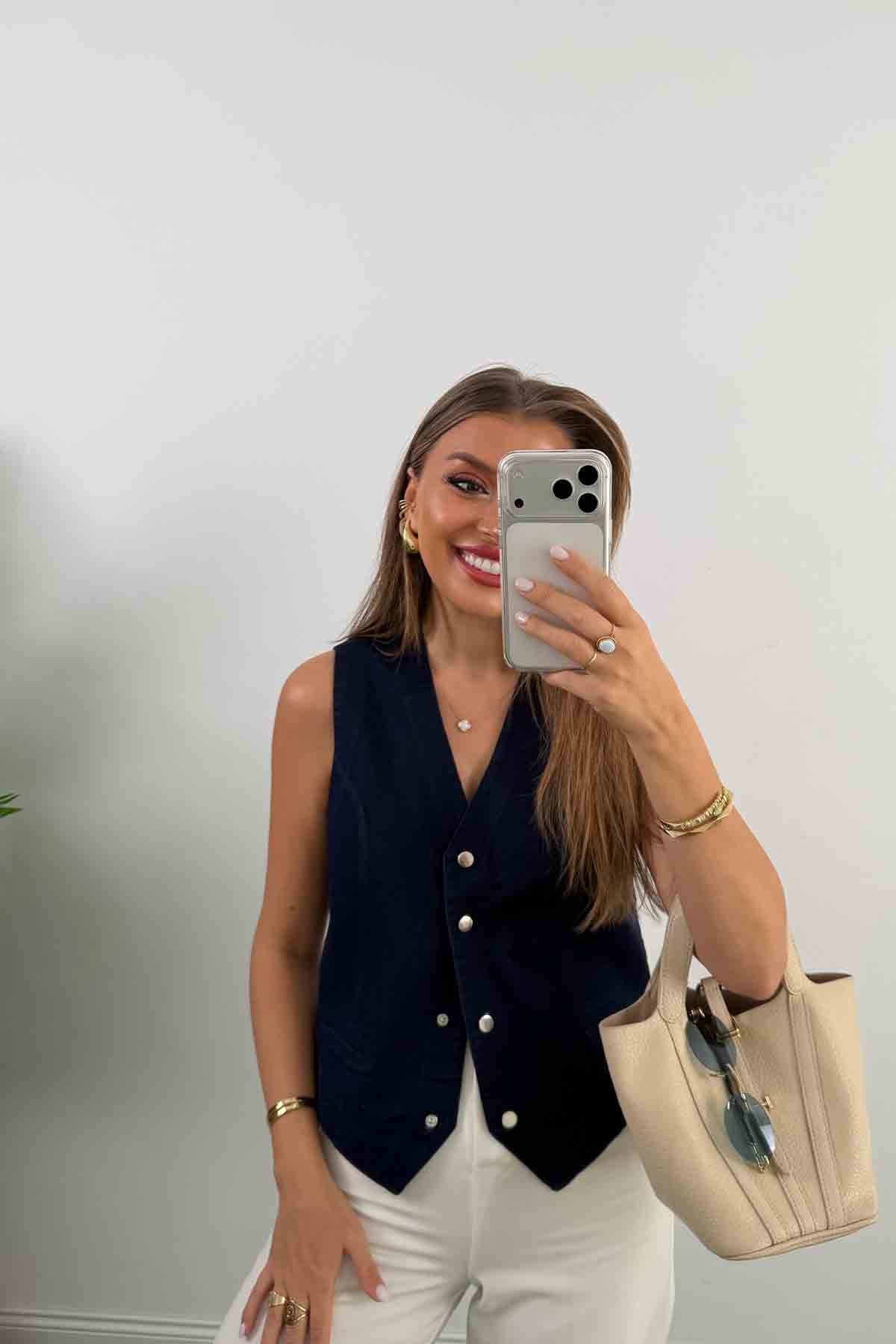 Premium Seri Tam Pamuklu Jean Yelek Lacivert