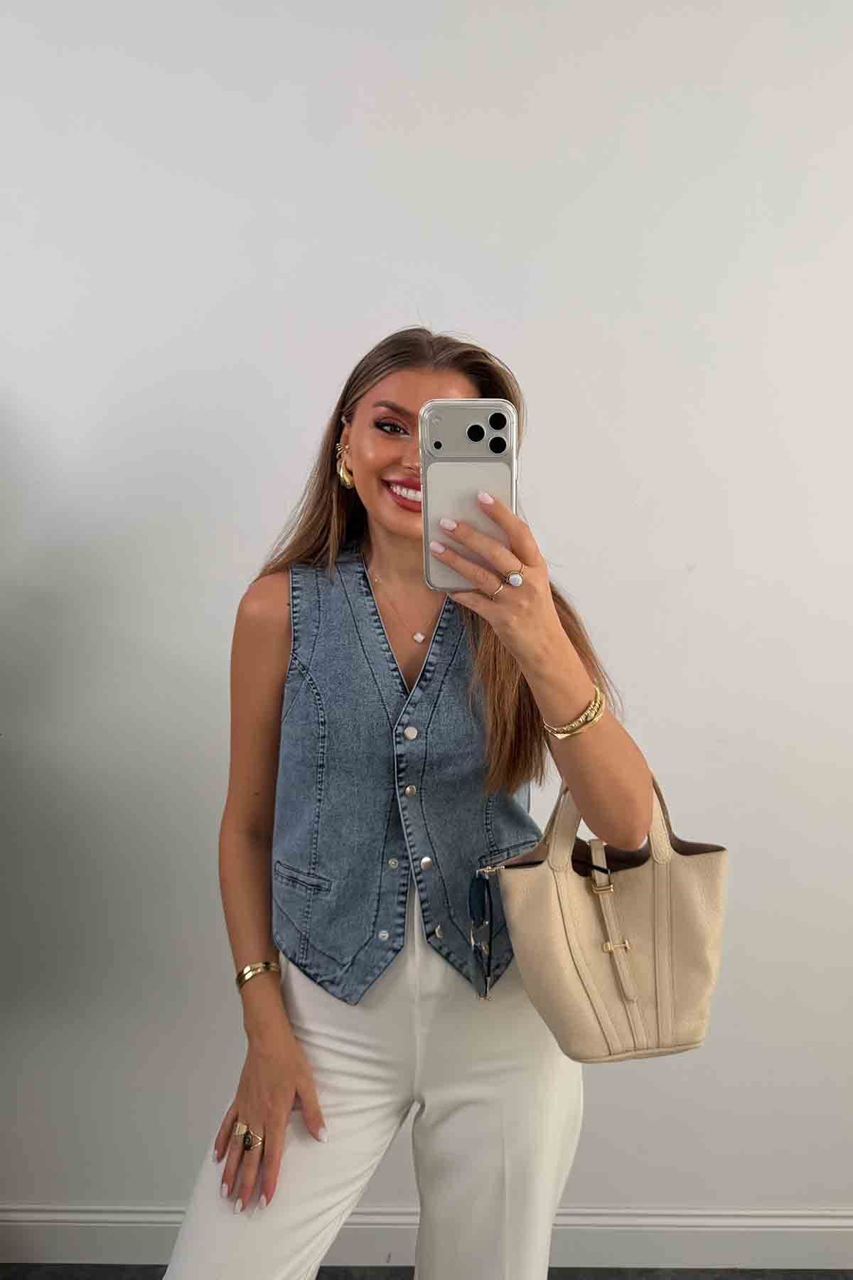 Premium Seri Tam Pamuklu Jean Yelek Mavi