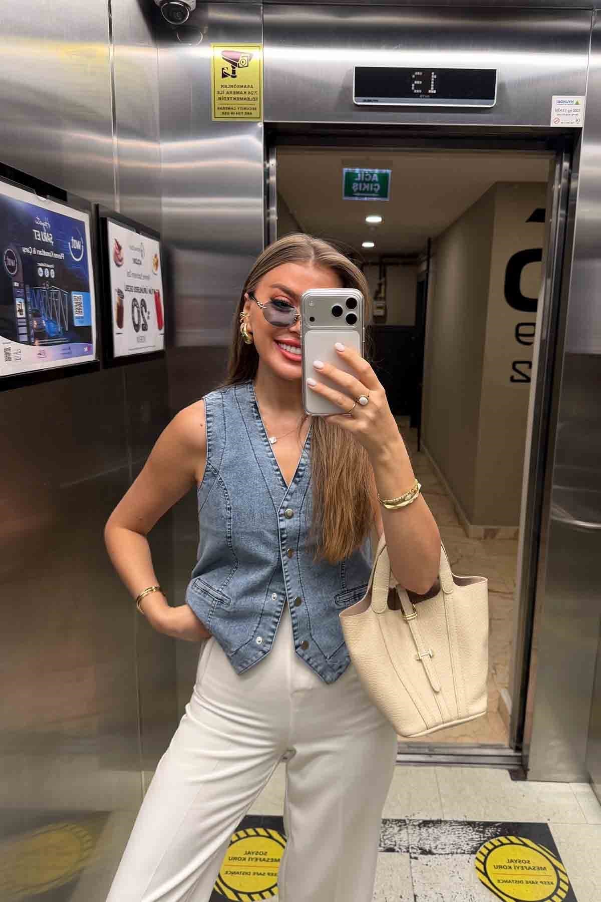 Premium Seri Tam Pamuklu Jean Yelek Mavi