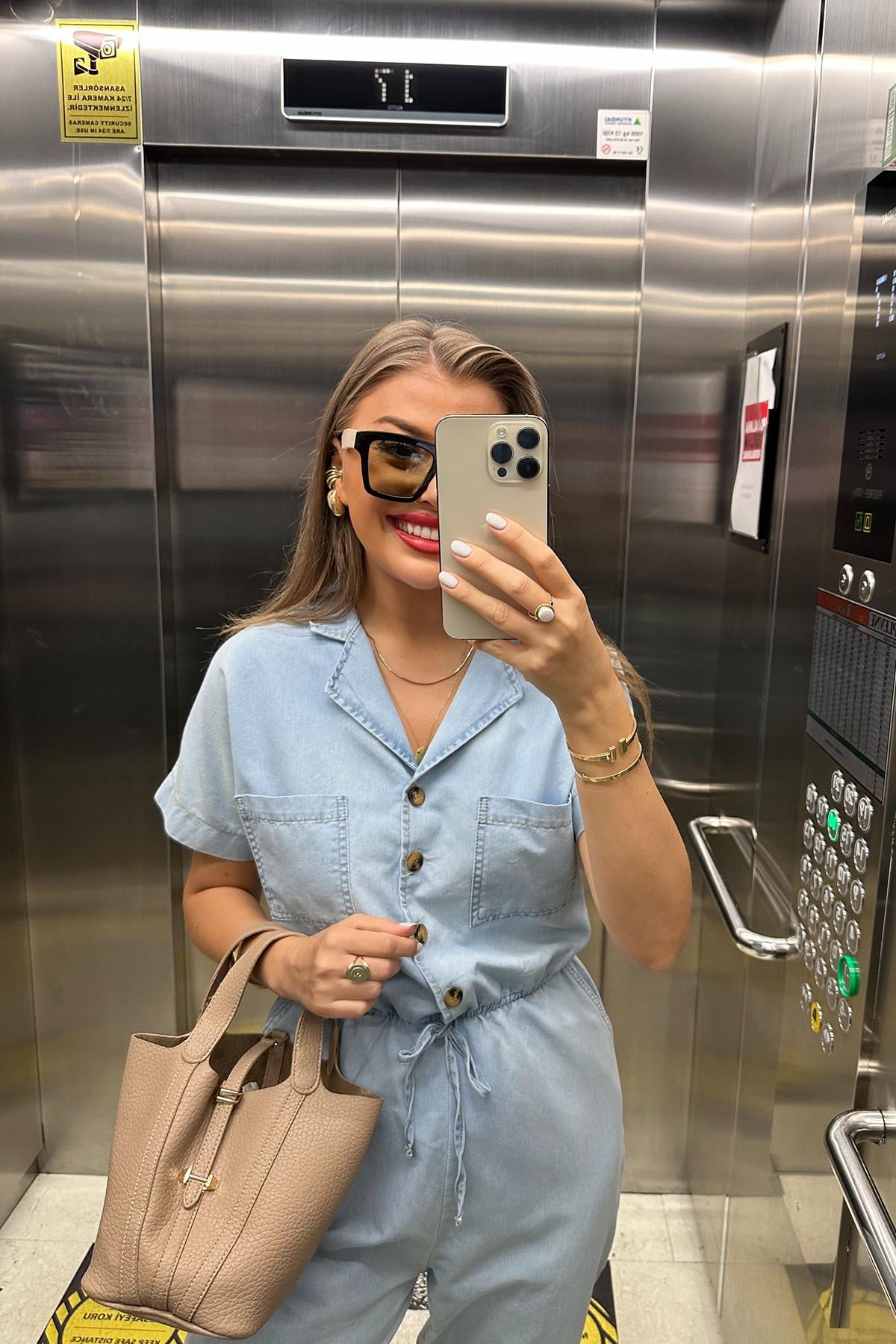 Premium Seri Tensel Jean Kumaş Kısa Kol Beli Lastikli Tulum